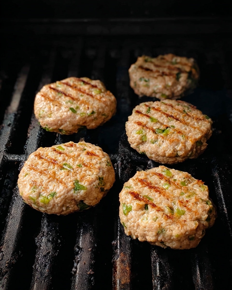 The image shows four raw burger patties cooking on a black grill. Each patty is roughly round and uneven, light brown with green pieces of herbs or vegetables mixed throughout. The grill bars underneath are thick and spaced apart with some spots showing signs of previous cooking. The background is dark, focusing the attention on the patties on the grill. photo taken with an iphone --ar 4:5 --v 7