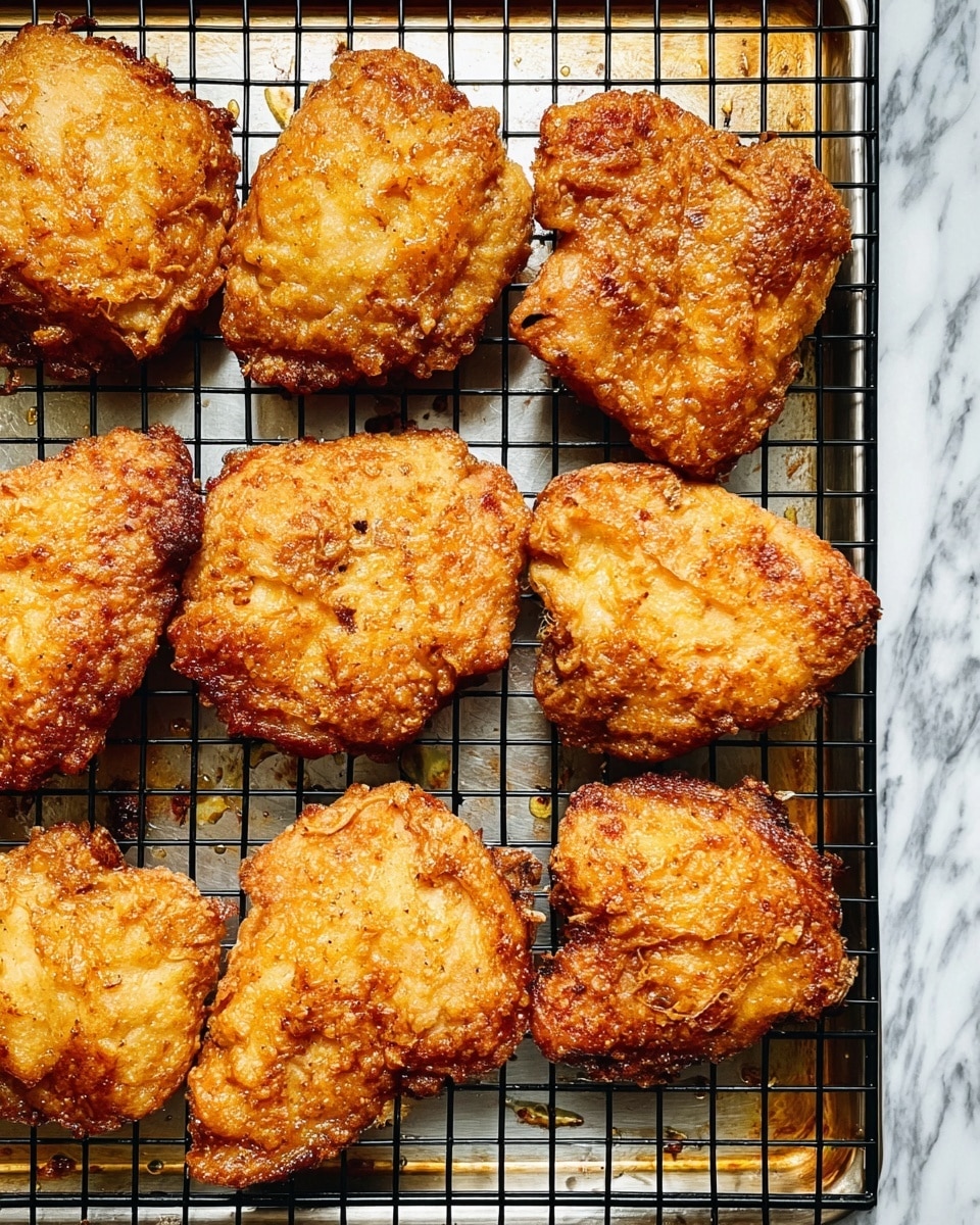 The image shows eight pieces of fried food with a golden brown, crispy texture arranged in two rows on a black wire rack. Each piece has a rough, bubbly surface that looks crunchy, with varying shades of golden to light brown. The wire rack rests on a shiny metal tray that appears to have some oil stains from cooking. The background is a white marbled texture. photo taken with an iphone --ar 4:5 --v 7