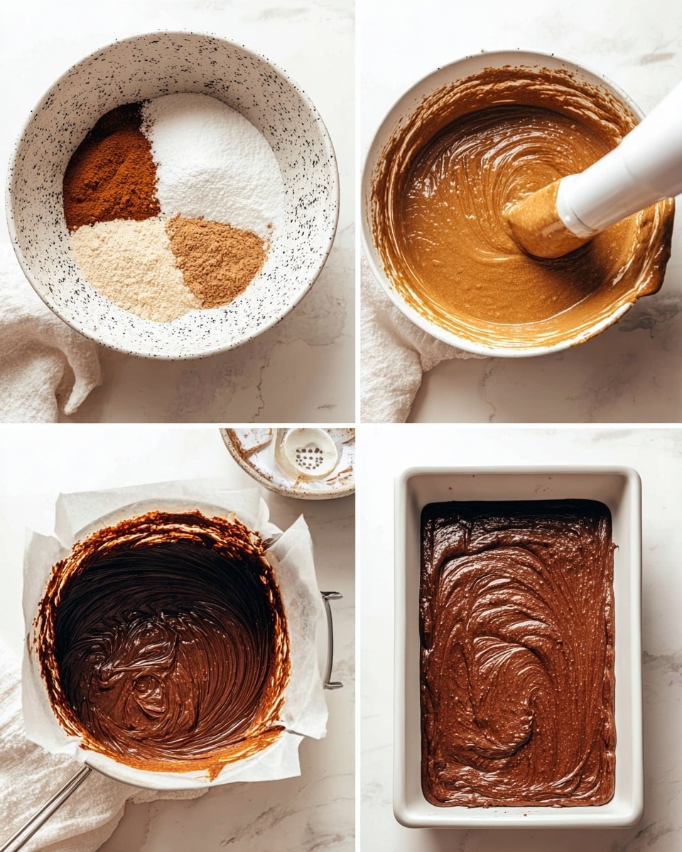The image shows four steps of making a chocolate mixture. The first layer is a white bowl with black speckles filled with dry ingredients in different colors: light beige flour, browns of cinnamon and ginger, and white baking powder, all arranged in separate piles. The second layer is the same bowl containing whipped chocolate-colored batter with visible swirls, along with a white hand mixer leftover inside. The third layer shows the mixture in the bowl again, this time with a thicker chocolate batter being mixed with a liquid added, and the white hand mixer partly visible. The fourth layer shows the chocolate batter poured smoothly into a white rectangular tray lined with parchment paper, ready to be baked. The whole scene is set on a white marbled surface with a white cloth partly visible. Photo taken with an iphone --ar 4:5 --v 7
