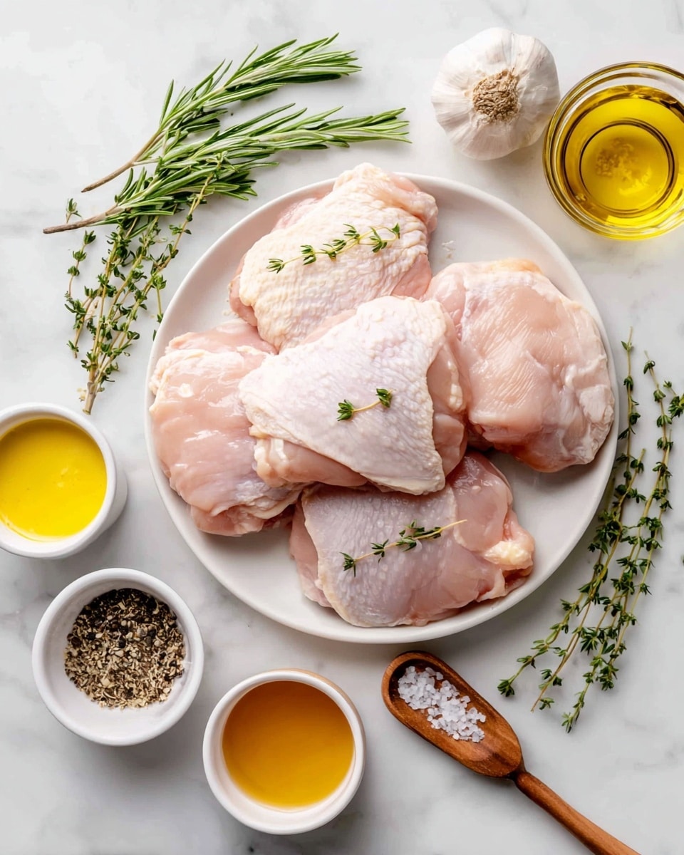 A white plate sits on a white marbled surface, filled with raw chicken thighs with light pink skin and smooth texture, stacked in layers. Around the plate, there are sprigs of green rosemary and thyme with small leaves, a small white bowl of pale yellow Dijon mustard with a creamy texture, a small white bowl of golden yellow olive oil with a shiny surface, a small white bowl of amber honey with a smooth glossy finish, a wooden spoon holding black and white salt and pepper granules, and a bulb of garlic with white papery skin. Everything is clearly arranged in a neat and clean way. Photo taken with an iphone --ar 4:5 --v 7