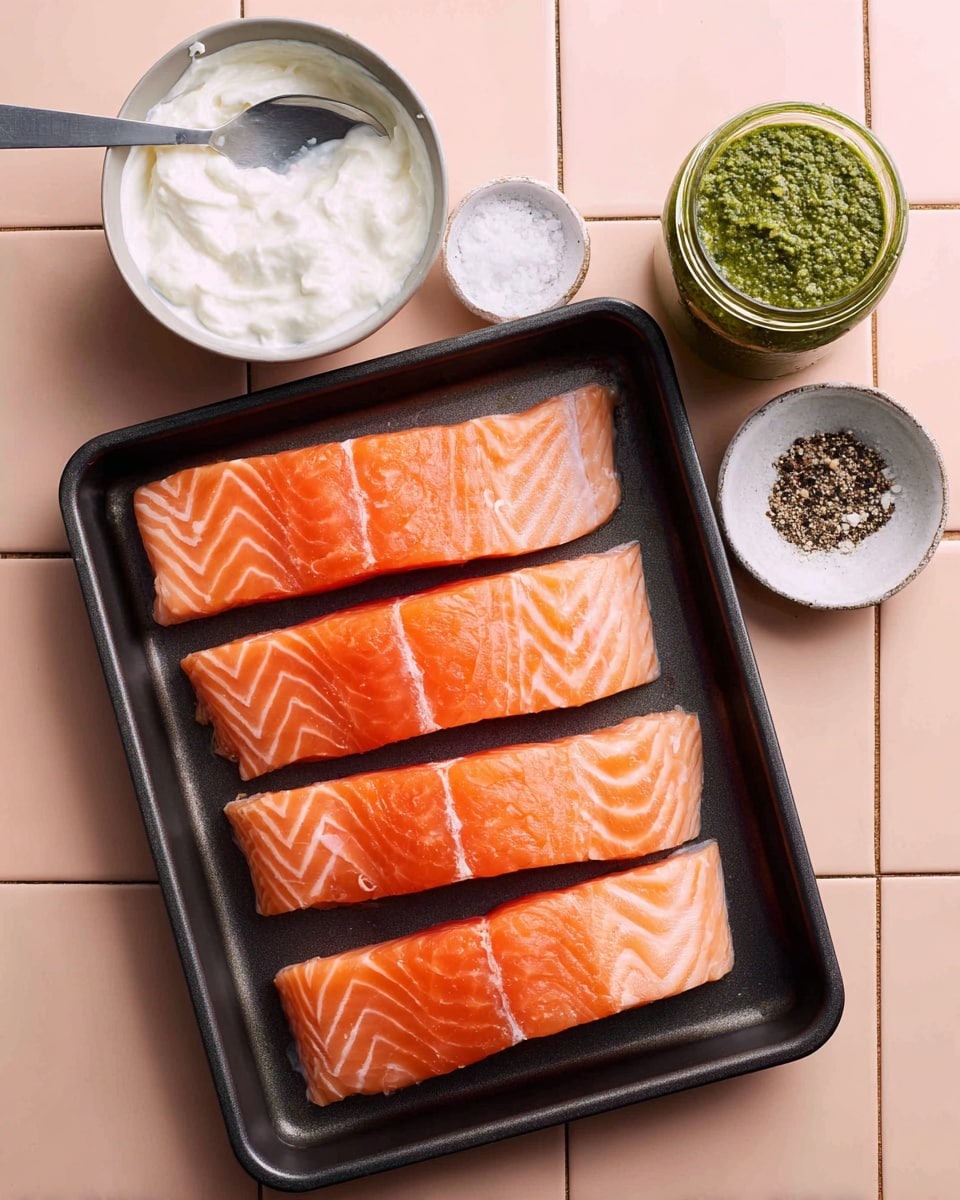 Four pieces of fresh raw salmon strips lie side by side in a black baking tray, each strip showing bright orange color with pale white marbling lines. To the left of the tray, a metal spoon holds thick white Greek yogurt. To the right, a green glass jar of pesto with a black lid stands upright. Below the tray, a small white bowl contains white salt and dark ground black pepper together. The whole setup rests on a pale pink tiled surface. Photo taken with an iphone --ar 4:5 --v 7