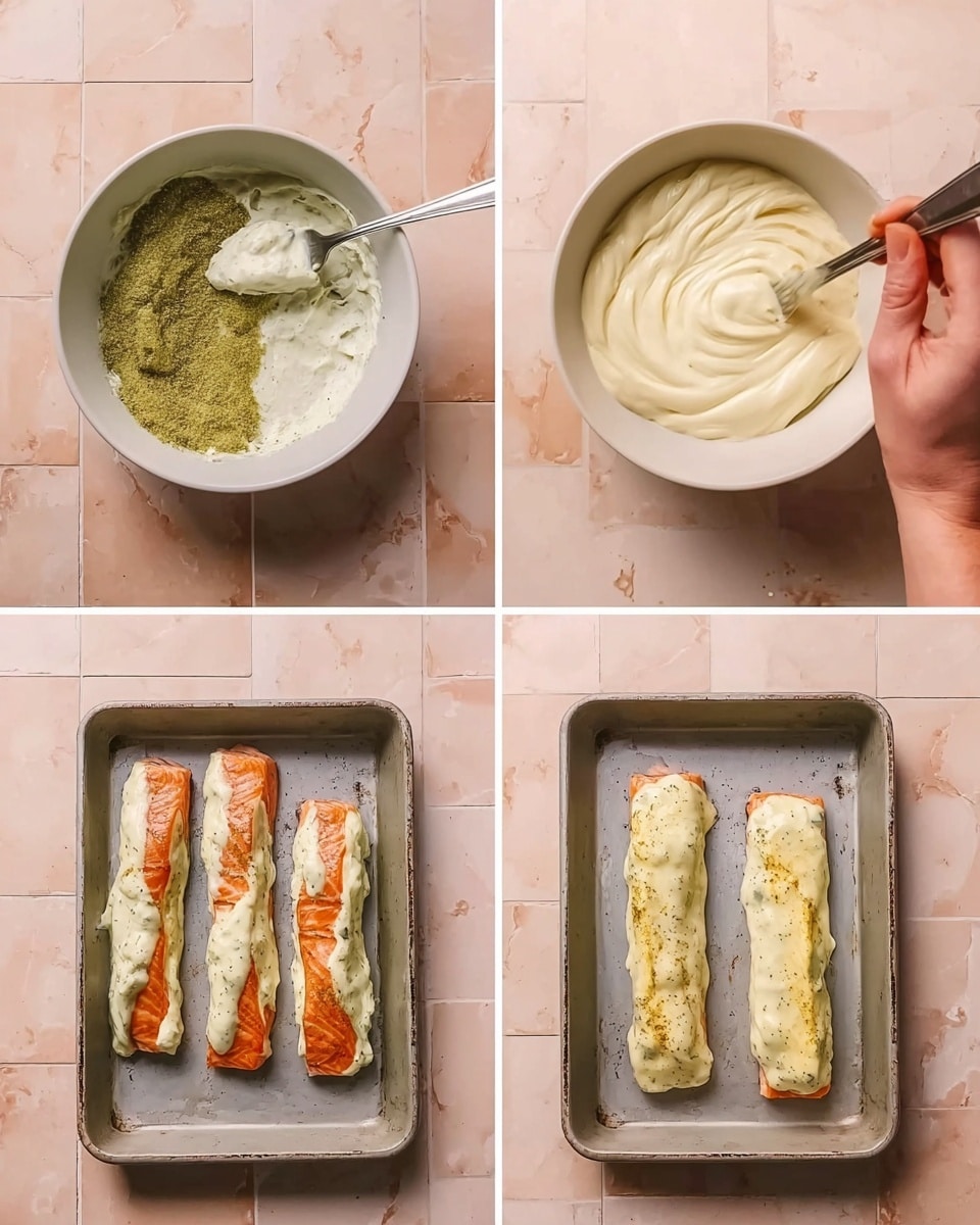 The image shows four stages of a cooking process arranged in a 2x2 grid, each stage in a white bowl or tray on a pale pink tiled surface that will be visualized as a white marbled texture. The top left shows a white bowl holding green seasoning mix covered by a layer of thick white cream with a spoon inside. The top right shows a woman's hand holding a white bowl with smooth, pale, creamy mixture being stirred with a spoon. The bottom left shows a baking tray with four pieces of salmon laid side by side, each topped with a thick layer of creamy pale sauce. The bottom right shows the same baking tray after cooking, with the sauce now golden and slightly browned, covering the salmon pieces fully. photo taken with an iphone --ar 4:5 --v 7