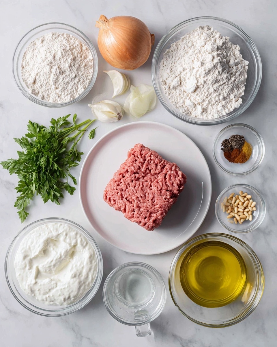 The image shows a white marbled surface with several clear glass bowls and a white plate arranged neatly with ingredients. On the white plate, there is a block of raw pink ground meat. Around it, there are glass bowls of white flour, white thick yogurt-like cream, golden oil, water in a measuring cup, light brown whole onion, small green parsley leaves, garlic cloves, white pine nuts, and several small piles of spices including salt, black pepper, and brown powder. The ingredients are spread calmly in a flat lay style, giving a clear view of each item. photo taken with an iphone --ar 4:5 --v 7