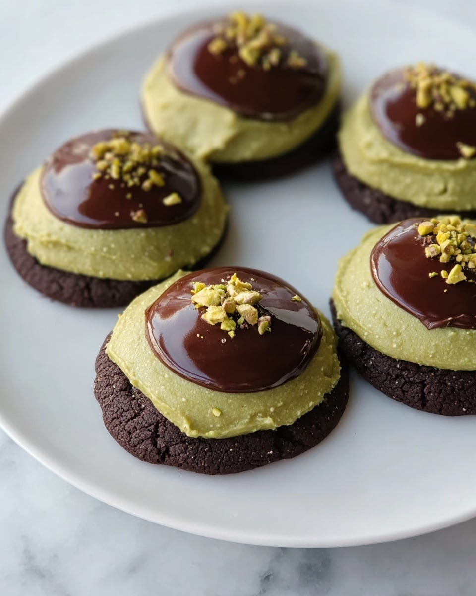 The image shows five round chocolate cookies on a white plate, each with two distinct layers on top. The bottom layer is thick and pale green, smooth but slightly textured, spread evenly over the dark, cracked cookie base. Above this is a shiny dark chocolate layer, smaller in diameter, glossy and smooth, sitting in the center of the green layer. Some cookies have small pieces of chopped pistachio sprinkled on top of the chocolate layer. The plate rests on a white marbled surface. photo taken with an iphone --ar 4:5 --v 7