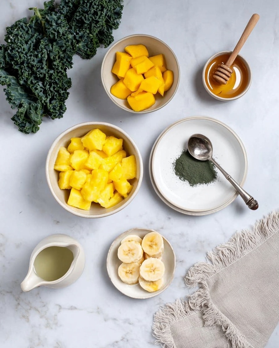 The image shows several white bowls and small plates arranged on a white marbled surface. One white bowl at the top left has bright yellow small mango pieces. Below it is a white bowl filled with larger yellow pineapple chunks. To the right of the bowls is a small white plate with a silver spoon placed diagonally; the spoon holds a small amount of dark green powder. Next to it, there is a small white bowl with banana slices. To the left of the banana bowl, there is a small round bowl with honey and a wooden honey dipper resting on it. At the bottom left, a small white pitcher contains a clear liquid. At the top of the image, dark green curly kale leaves are placed. A folded light gray cloth with fringed edges lies at the bottom right corner. Photo taken with an iphone --ar 4:5 --v 7