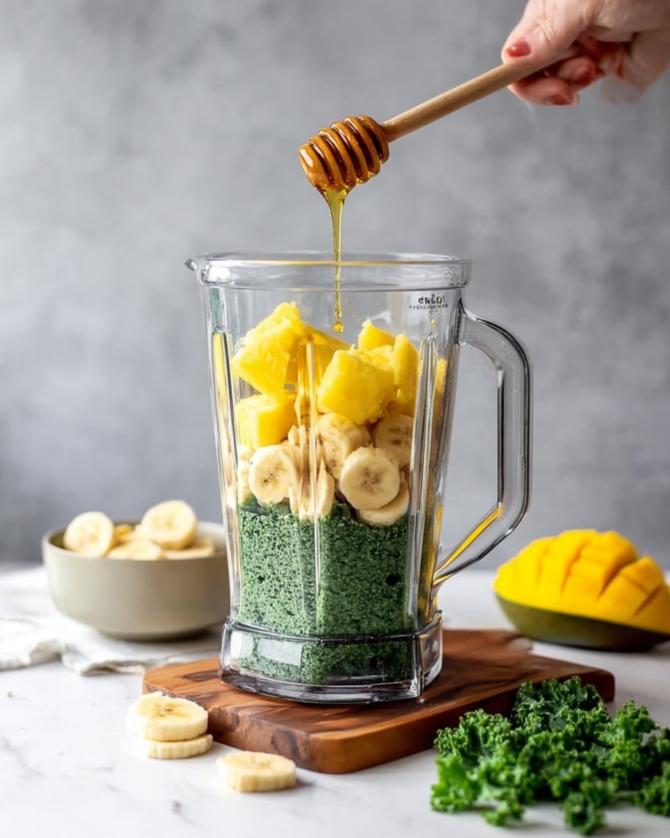 The image shows a tall clear blender jar with three visible layers of ingredients: the bottom layer is green kale with a rough texture, the middle layer is banana slices in a pale cream color, and the top layer is bright yellow pineapple chunks. Above the blender, a woman's hand holds a wooden honey dipper dripping golden honey into the jar. The blender sits on a white marbled surface with a wooden cutting board on one side and a small neutral-colored bowl with banana slices behind it. In the foreground, there is a small bunch of kale and a neatly scored half mango in bright yellow. The background is a soft gray blurred texture. photo taken with an iphone --ar 4:5 --v 7