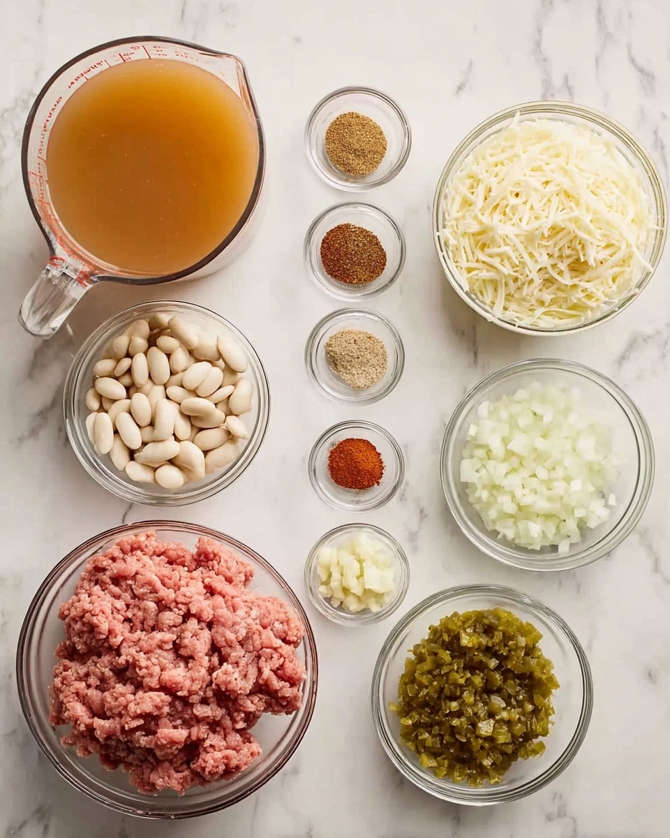 The image shows several clear glass bowls arranged on a white marbled surface, each holding different ingredients. At the center bottom is a bowl with raw ground meat, pink and chunky in texture. Above it, a bowl is filled with shredded white cheese. To the right of the cheese, another bowl contains whole white beans. Below it, there is a bowl with chopped white onions, finely diced. Next to the onions, a bowl holds chopped green chilies with a slightly wet texture. To the left of the meat, a small bowl of minced garlic is present, white and finely chopped. Above the garlic, there are five very small bowls containing various spices in powder form, each with a different color such as red, brown, and green. Finally, on the far left side, a large glass measuring cup contains light brown broth. All bowls and the measuring cup are placed on the flat white marbled surface. Photo taken with an iphone --ar 4:5 --v 7