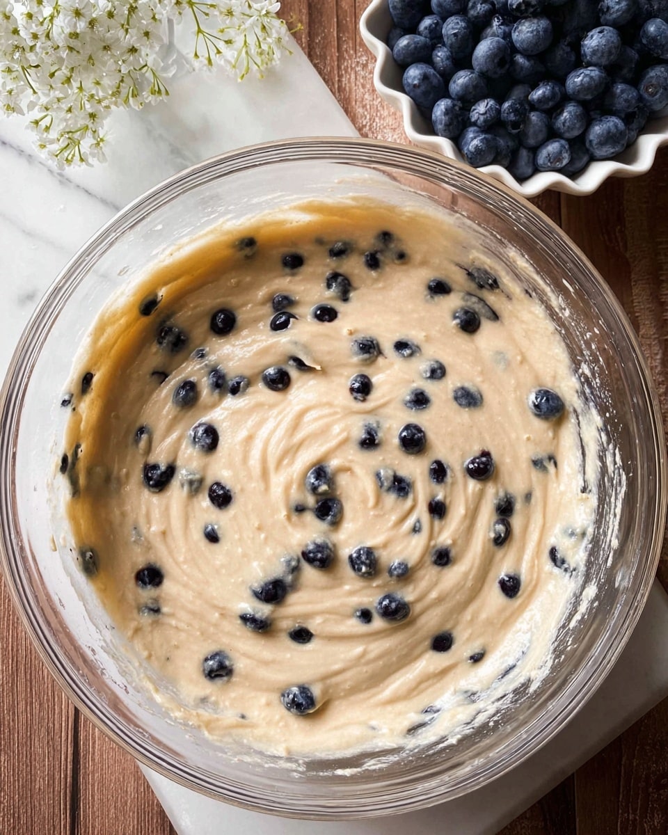 A clear glass bowl filled with a light beige batter that has a smooth and creamy texture, mixed evenly with small dark blueberries scattered throughout. The bowl sits on a white marbled surface with a wooden texture underneath partially visible. To the top right of the bowl is a white scalloped bowl filled with fresh blueberries, and a delicate white flower is partially visible on the left side of the image. The batter has gentle swirls and folds, indicating it has just been mixed, with some batter clinging to the sides of the bowl. photo taken with an iphone --ar 4:5 --v 7