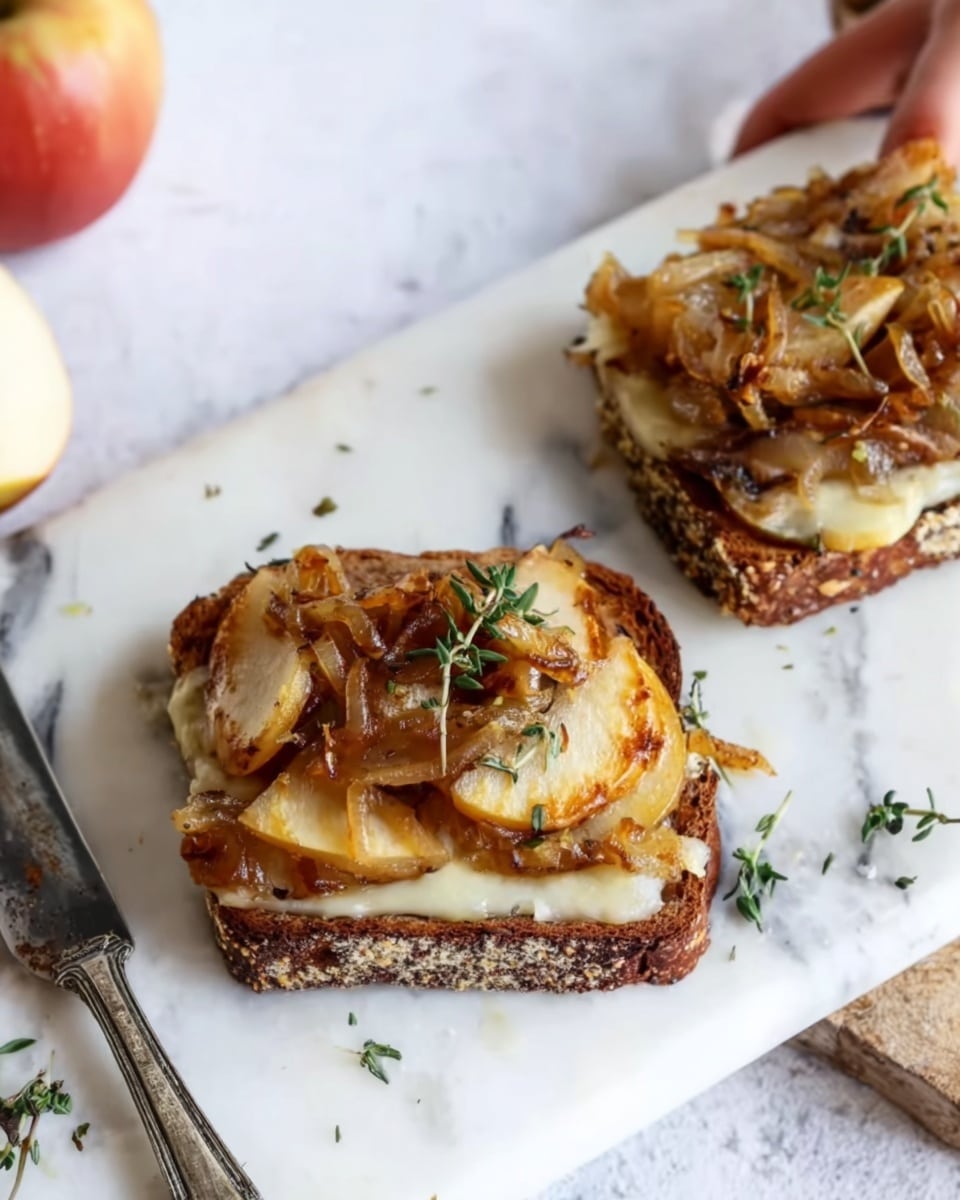 The image shows two open-faced sandwiches on a white marble surface. Each sandwich has three layers: the bottom layer is a slice of toasted brown bread with visible seeds, the middle layer consists of melted creamy cheese that appears soft and slightly stringy, and the top layer contains caramelized onions and golden-brown cooked apple slices. Small green thyme sprigs are scattered over the sandwiches for decoration. A vintage silver knife lies beside them on the marble surface, and there is part of a woman’s hand holding the edge of a wooden board near the top right corner. The background is a white marbled texture, and part of an apple is visible in the upper left corner. photo taken with an iphone --ar 4:5 --v 7