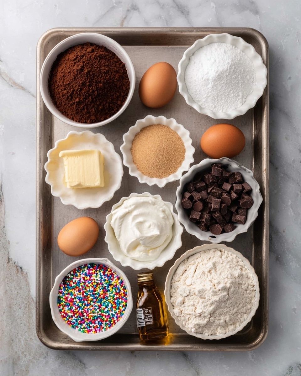 A metal tray holds an assortment of baking ingredients arranged neatly on a white marbled surface. Starting from the top left, there is a small white bowl filled with smooth, dark brown cocoa powder. To its right is another white bowl containing fine white granulated sugar. Below these, there are two brown eggs placed side by side on the tray. In the middle, a white fluted bowl holds light brown soft sugar, while adjacent to it is a white bowl filled with small, dark chocolate chunks. A small white scalloped bowl with white cream sits below the eggs, next to a larger white bowl filled with light flour. At the bottom left of the tray, a small white bowl is filled with colorful round sprinkles, adding a playful touch. A small bottle of amber liquid, probably vanilla extract, is placed near the flour bowl. The overall arrangement is clean and well-organized, with each ingredient visually distinct and easy to identify. Photo taken with an iphone --ar 4:5 --v 7
