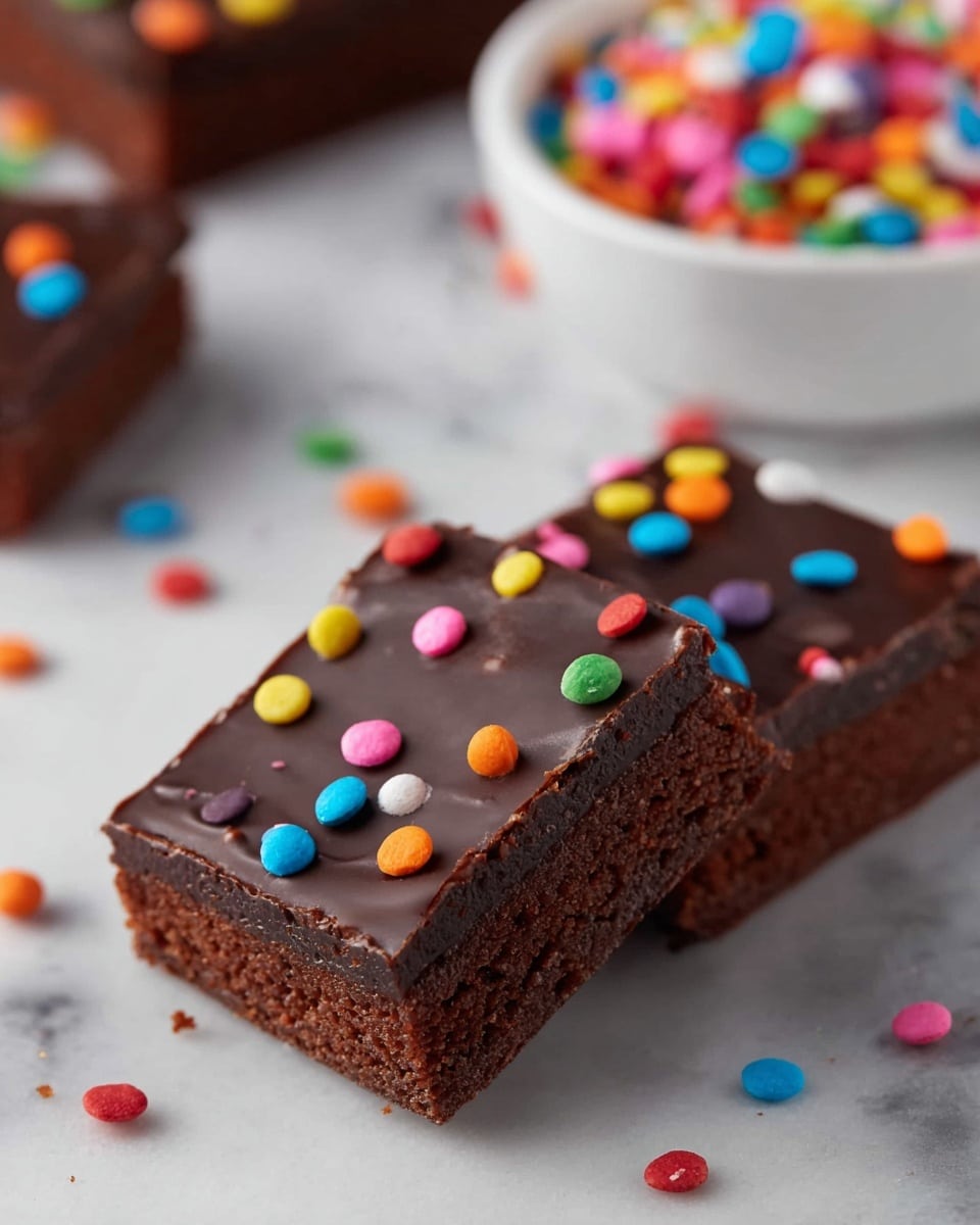 The image shows a close-up of two rectangular chocolate brownies placed side by side on a white marbled surface. Each brownie has two layers: a thick, dense, dark brown base layer with a slightly rough texture, topped with a glossy, smooth dark chocolate layer. Small, colorful round sprinkles in red, blue, pink, orange, yellow, and green are scattered evenly on the chocolate top layer, adding bright pops of color. In the background, a white bowl filled with the same colorful sprinkles is partly visible, with some sprinkles spilling onto the surface around the brownies. Photo taken with an iphone --ar 4:5 --v 7