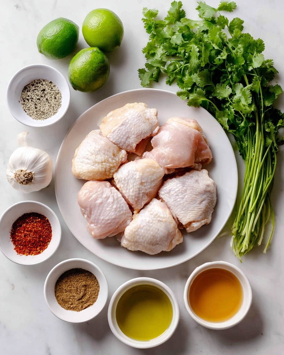 A top-down view of a white plate filled with six raw chicken thighs, pale pink with some light fat texture, placed in the center on a white marbled surface. To the left, two whole green limes sit next to a small white bowl containing a white and black pepper mix, and a white bowl with red chili powder below it. Below the limes, there is a whole bulb of garlic. On the right side of the chicken thighs, a bunch of fresh green cilantro leaves with long stems rests across the surface. Below the cilantro, two small white bowls hold a clear golden olive oil and amber-colored honey. Near the bottom left, a small white bowl contains brown ground cumin. The photo taken with an iphone --ar 4:5 --v 7