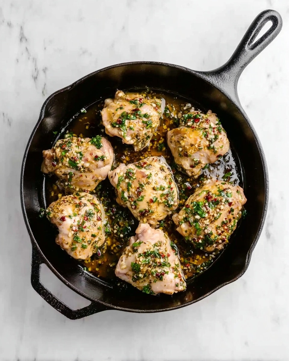 A black cast iron skillet holds six pieces of uncooked seasoned chicken thighs arranged in a circular pattern, each piece light pink with spots of yellow marinade and sprinkled with chopped green herbs, small red chili flakes, and crushed garlic. The skillet is placed on a white marbled surface, showing some oil glistening around the chicken pieces. The handle of the skillet extends out to the right in the image. photo taken with an iphone --ar 4:5 --v 7