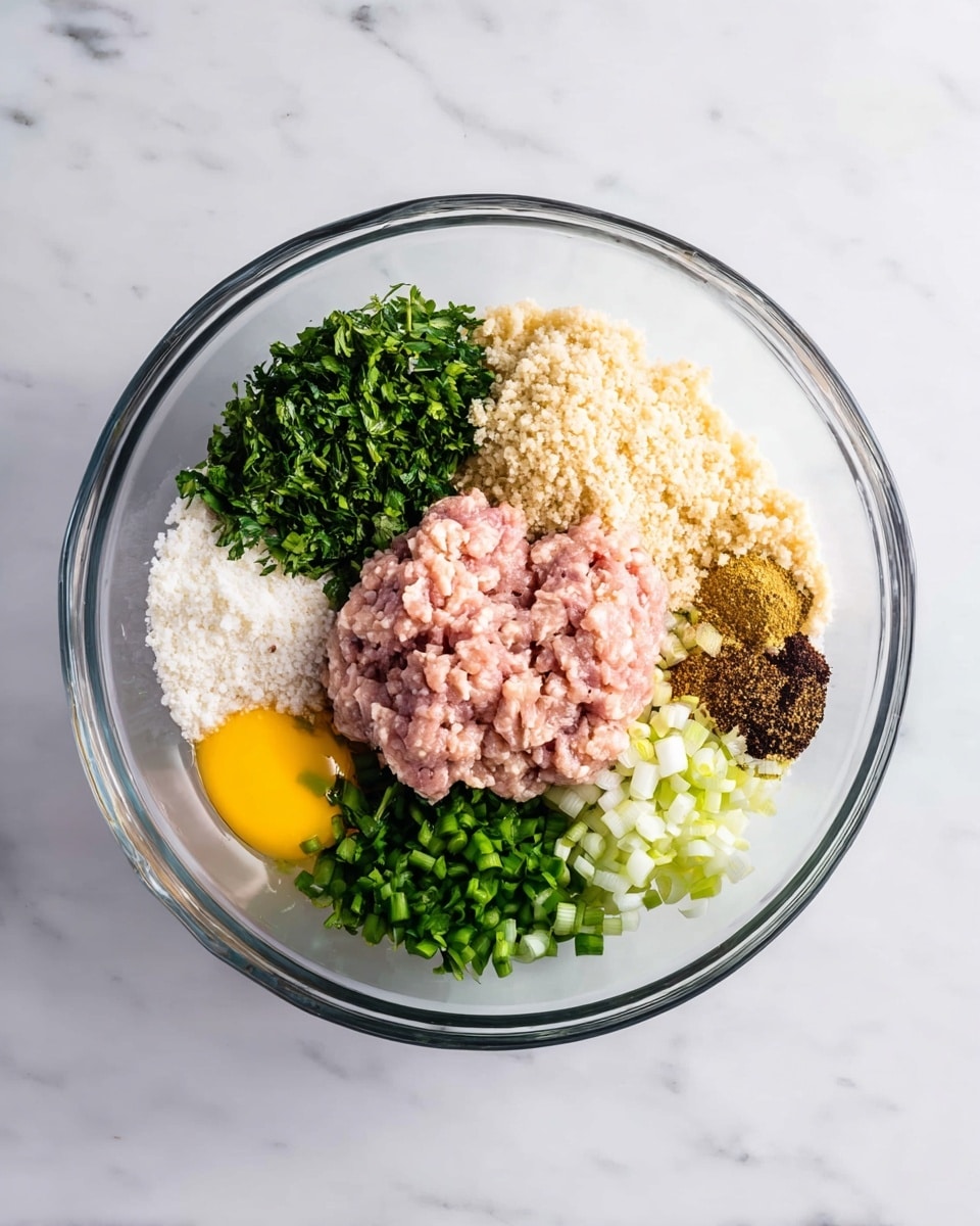 A clear glass bowl on a white marbled surface holds an array of distinct ingredient layers arranged separately. Starting from the bottom left and moving clockwise, there is a large pale pink minced meat portion with a soft texture, followed by bright green chopped herbs with a leafy texture. Next to the herbs, a beige grainy layer, then minced white garlic pieces, and fresh sliced green onions with a smooth round texture. Above the onions, there is a small pool of yellow egg yolk. Near the yolk, a mound of white granulated cheese or breadcrumbs sits next to white salt specks. Small piles of finely ground dark spices, including brown and black powders, are lined next to the meat. The overall layout is neat, colorful, and visually separated, emphasizing each ingredient. Photo taken with an iphone --ar 4:5 --v 7