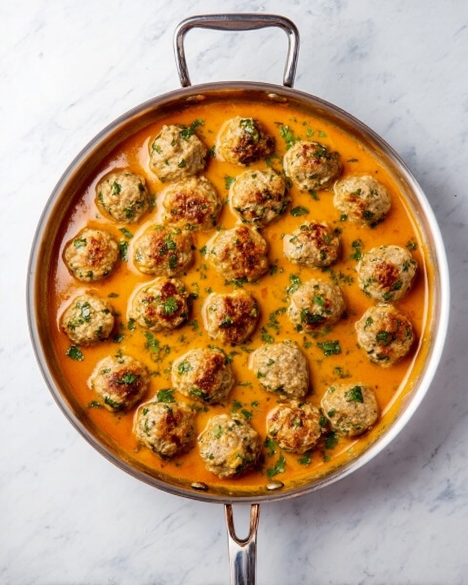 A round silver pan filled with about twenty small meatballs that are light brown with green herbs inside, floating evenly in a thick orange sauce. The sauce covers the bottom and sides of the pan smoothly, with some meatballs slightly browned on top. The pan is placed on a white marbled surface, and it has a metal handle on each side. The photo shows the dish from above, capturing the texture of the sauce and the meatballs clearly. photo taken with an iphone --ar 4:5 --v 7
