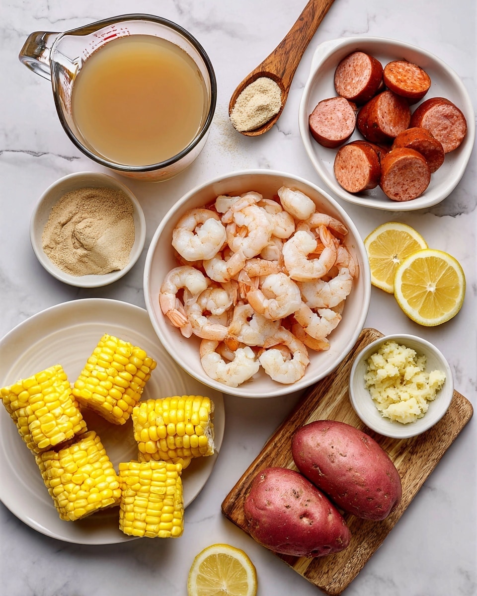 The image shows a bright setup with raw ingredients on a white marbled surface. At the top left, a clear glass measuring cup holds light brown chicken broth. Below it, a small wooden spoon has beige onion powder. In the center, a white bowl is filled with pink shrimp, layers visible by their curled shapes. To the right, a round white bowl holds thick slices of brownish-red sausage. Below that, two small white dishes contain minced garlic in a pale yellow color and reddish-brown seafood seasoning. At the bottom left, a white plate carries four bright yellow pieces of fresh corn on the cob, cut into chunks. To the right, red skin potatoes are halved and placed on a wooden cutting board, showing their creamy white inside. Two lemon halves with bright yellow hulls sit near the center. The whole image feels organized and fresh. Photo taken with an iphone --ar 4:5 --v 7