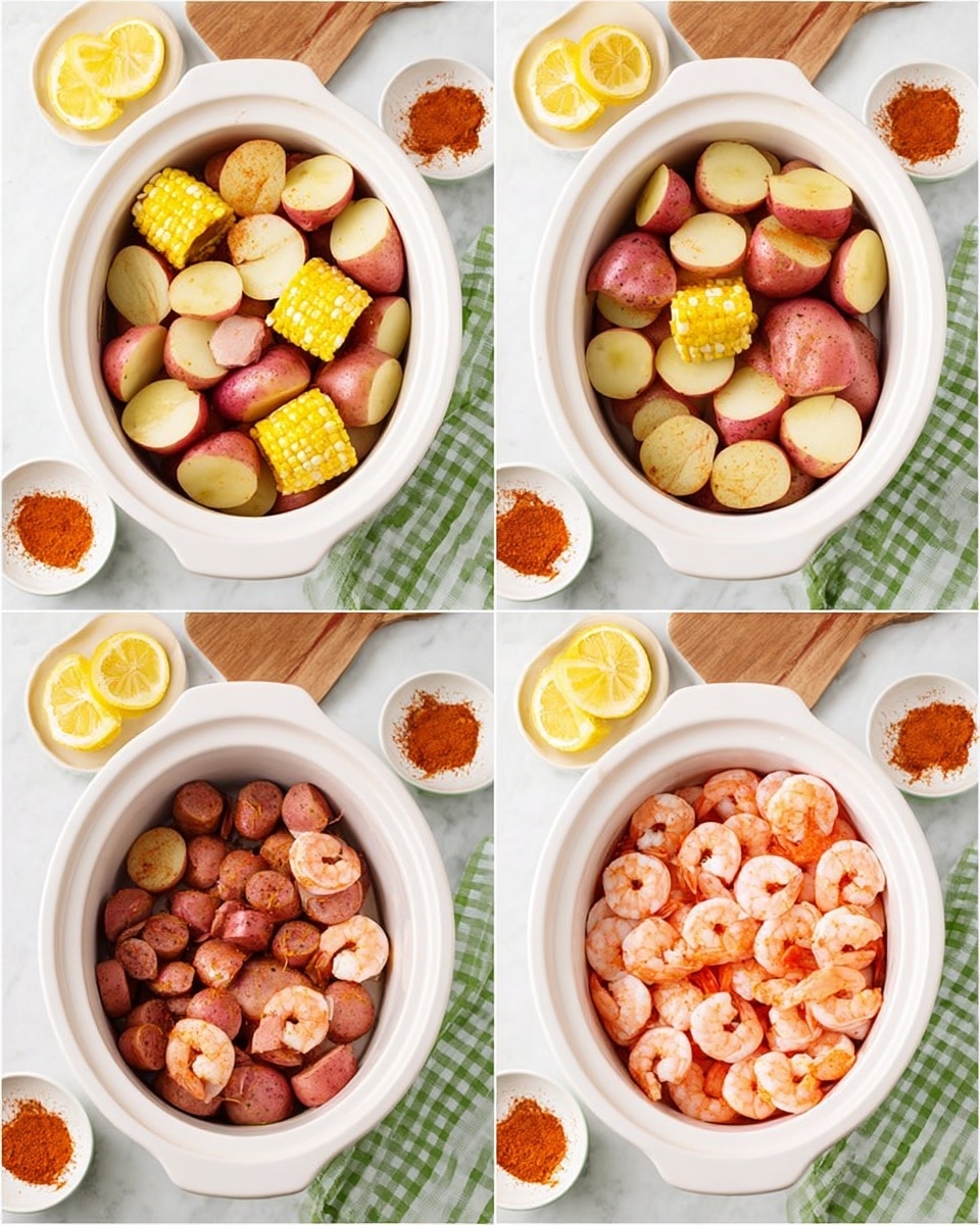 The image shows four steps of making a dish in a white slow cooker placed on a white marbled surface with a green and white checkered cloth and wooden spoon nearby. The first layer inside the cooker is cut corn on the cob at the bottom, then round red potatoes cut in half placed on top, all raw and fresh with pale yellow and red colors. The second image adds a sprinkling of reddish-brown spice powder covering the potatoes. The third image adds chopped brown sausage pieces evenly on top of the spiced potatoes and corn. The final image completes with a layer of cooked pink shrimp carefully arranged over the sausages and potatoes, surrounded by lemon halves and small bowls with extra shrimp and food. Photo taken with an iphone --ar 4:5 --v 7