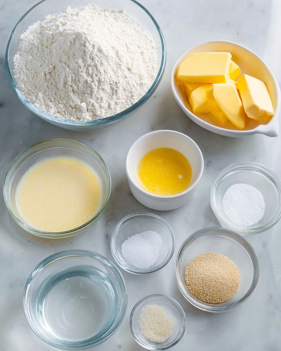 The image shows several small white bowls and clear glass bowls arranged on a white marbled surface. One large clear glass bowl holds white flour with a fluffy texture. There is a small white bowl with bright yellow butter slices, another with a light yellow, frothy egg mixture, and another with white milk. Below these, a clear glass bowl contains white sugar, another holds clear water, and two small clear glass bowls contain fine white salt and small beige yeast granules. The bowls are neatly spaced out, showing different textures and colors of ingredients ready for baking, photo taken with an iphone --ar 4:5 --v 7
