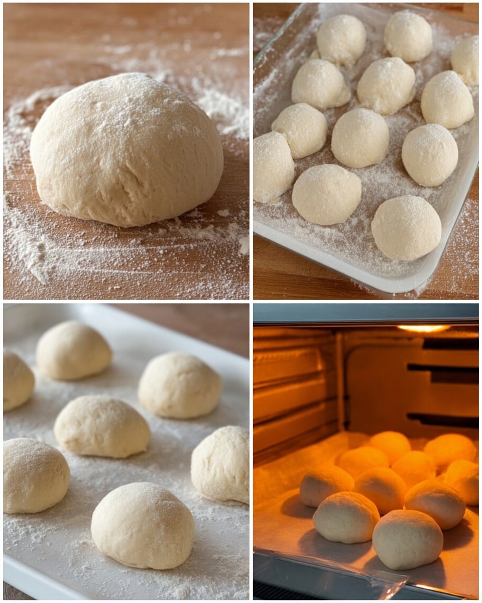 The image shows a four-step process of making dough balls. The first part shows a single lump of light beige dough with a rough texture resting on a light brown wooden surface with white flour scattered around. The second part displays many small, evenly sized smooth dough balls placed closely together on the same wooden surface. The third part shows the dough balls now on a white tray lined with parchment paper, lightly dusted with white flour. The fourth part shows these dough balls inside an oven with a warm orange glow, glowing softly as they start to bake, their surfaces turning slightly puffed and smooth. photo taken with an iphone --ar 4:5 --v 7
