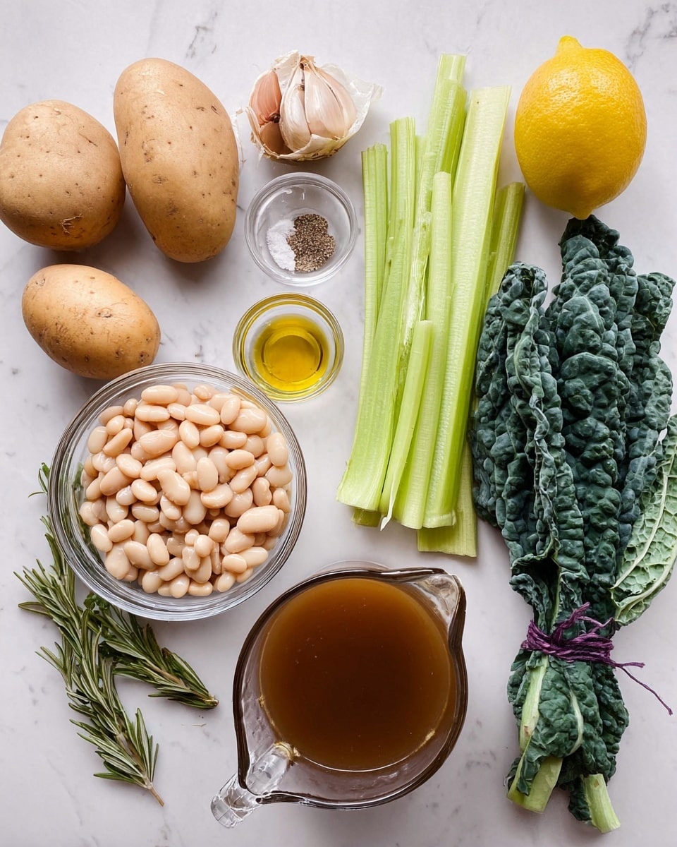 The image shows a variety of fresh ingredients neatly arranged on a white marbled surface. On the left side, there are two large light brown potatoes, a small glass container of olive oil, and a clear glass bowl filled with white beans that have a smooth texture. Above the beans is a small glass bowl with salt and ground black pepper side by side, three garlic cloves, and a whole onion with a light brown outer skin. In the center, there are three long stalks of celery with pale green color. To the right of the celery is a bunch of dark green curly kale tied with a purple band. On the far right, there is a clear glass jug filled with brown broth and a small sprig of fresh rosemary. A yellow lemon is placed above the celery. photo taken with an iphone --ar 4:5 --v 7