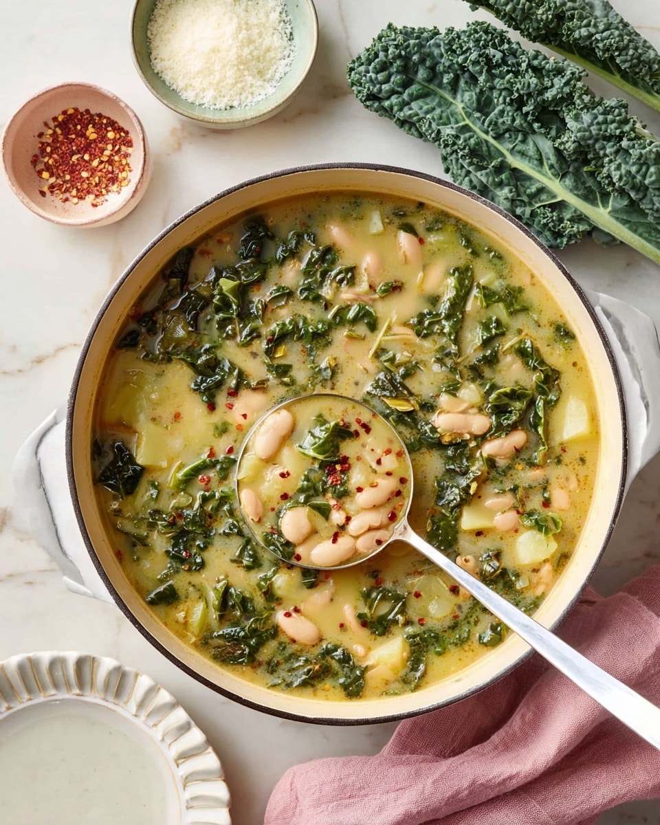 A large round pot with white enamel on the outside holds a thick soup filled with layers of bright green kale leaves, small white beans, and pale yellow potato cubes in a creamy light yellow broth. Scattered red pepper flakes float on the surface, adding a touch of red color contrast. A shiny silver ladle dips into the soup, lifting a spoonful showing the mixture of kale, beans, and potatoes. Nearby, three fresh long dark green kale leaves rest on a white marbled surface. Two small white bowls sit behind the pot, one filled with white grated cheese and the other with red pepper flakes. A soft pink cloth is folded near the pot’s handle, and a white scalloped plate waits on the side. photo taken with an iphone --ar 4:5 --v 7
