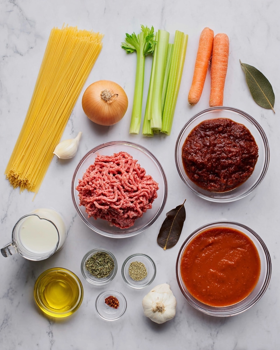 The image shows ingredients for a pasta dish laid out on a white marbled surface. There are three large clear glass bowls containing raw ground meat, chunky tomato sauce, and a thick dark red paste, each with a rough texture. Next to them are fresh vegetables including two long carrots with rough orange skin, several long stalks of green celery, a whole round yellow onion, and two small garlic cloves with smooth white skin. A small clear glass jug holds a white liquid, likely milk, and a small clear glass bottle contains golden olive oil. There are also two small clear bowls, one with green dried herbs and the other with a mix of black pepper, salt, and reddish-brown spices. A bundle of uncooked long thin pasta strands with a pale yellow color lies flat on the left side. A single dark brown dried bay leaf is placed near the top right corner. The arrangement is neat and spaced out evenly. photo taken with an iphone --ar 4:5 --v 7