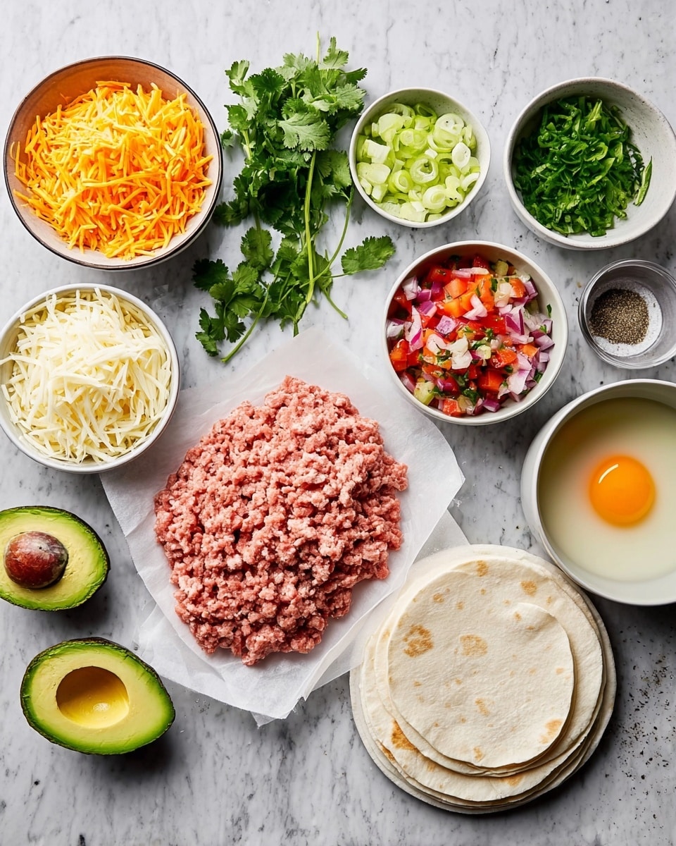 The image shows many ingredients set on a white marbled surface. There is a pile of raw ground meat on white paper at the center. To the right, three white folded tortillas are stacked, next to a small bowl with colorful diced tomatoes, onion, and green herbs. Fresh cilantro leaves sit above the tortillas. Above the meat, a bowl holds sliced green onions, and next to it is a bowl with orange shredded cheese. On the left side, a plate contains white shredded potatoes, and a white bowl nearby holds avocado slices. A bowl with beaten eggs with foam on top is below the avocado. Small bowls with salt, pepper, and oil are spread near the center. The setup is neat and arranged for easy access. Photo taken with an iphone --ar 4:5 --v 7