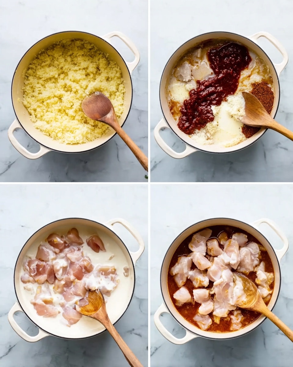 The image shows four stages of cooking in a white pot on a white marbled surface. The first stage has a light yellow, crumbly garlic or onion mixture spread thinly at the bottom with a wooden spoon resting inside. The second stage adds several ingredients on top: a dollop of deep red sauce, chunky butter pieces melting, and brown spices, all around the wooden spoon. The third stage shows diced raw chicken pieces placed evenly over a dark red sauce base filling most of the pot, with the wooden spoon removed. The fourth stage is a creamy layer poured over the chicken and sauce, partially covering the chunks, with a mix of white and dark red-brown textures. photo taken with an iphone --ar 4:5 --v 7