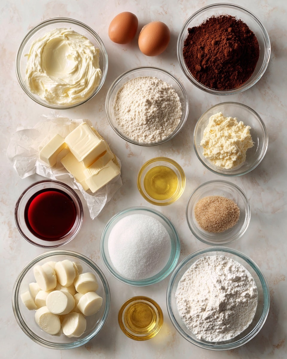 The image shows various baking ingredients placed on a white marbled surface. There are a total of thirteen clear glass bowls and small containers arranged loosely in a scattered pattern. Starting from the top left, a bowl contains soft cream cheese with a smooth, creamy white texture. Next to it is a small bowl of clear vinegar. Three brown eggs are placed nearby. Below, there are two pieces of pale yellow butter in a bowl. To the right, a bowl filled with dark brown cocoa powder has a fine, powdery texture. To its left, a small container holds deep red food coloring in liquid form. A larger bowl of light beige flour is situated near the center right. Moving leftwards, a small container of yellowish oil sits near a medium bowl of granular white sugar with a crystalline texture. Below them, a bowl holds round white chocolate pieces that look smooth and shiny, and a small container beside it contains light brown sugar granules. Near the bottom right is a large, full bowl of white powdered sugar with a soft and fluffy texture. A small container of vanilla with a dark brown hue and another small bowl of white cornstarch powder are closer to the left, completing the neat layout of ingredients, all photographed from above. photo taken with an iphone --ar 4:5 --v 7