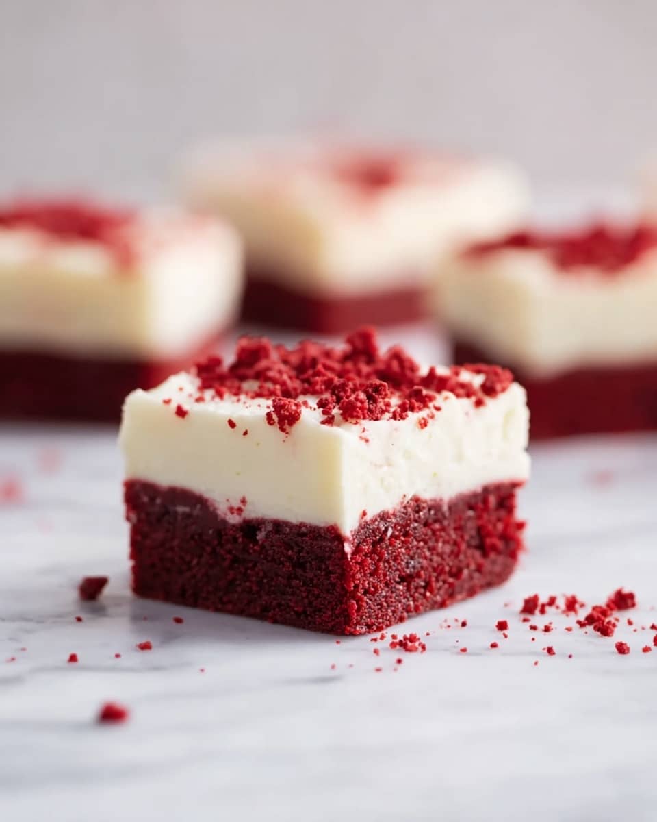A close-up of a square dessert piece with two layers: the bottom layer is thick and deep red with a soft, moist texture, while the top layer is a smooth, creamy white frosting spread evenly. Small red crumbs are scattered on top of the frosting and around the dessert on a white marbled surface. Blurred similar pieces are visible in the background, giving focus to the front piece. photo taken with an iphone --ar 4:5 --v 7