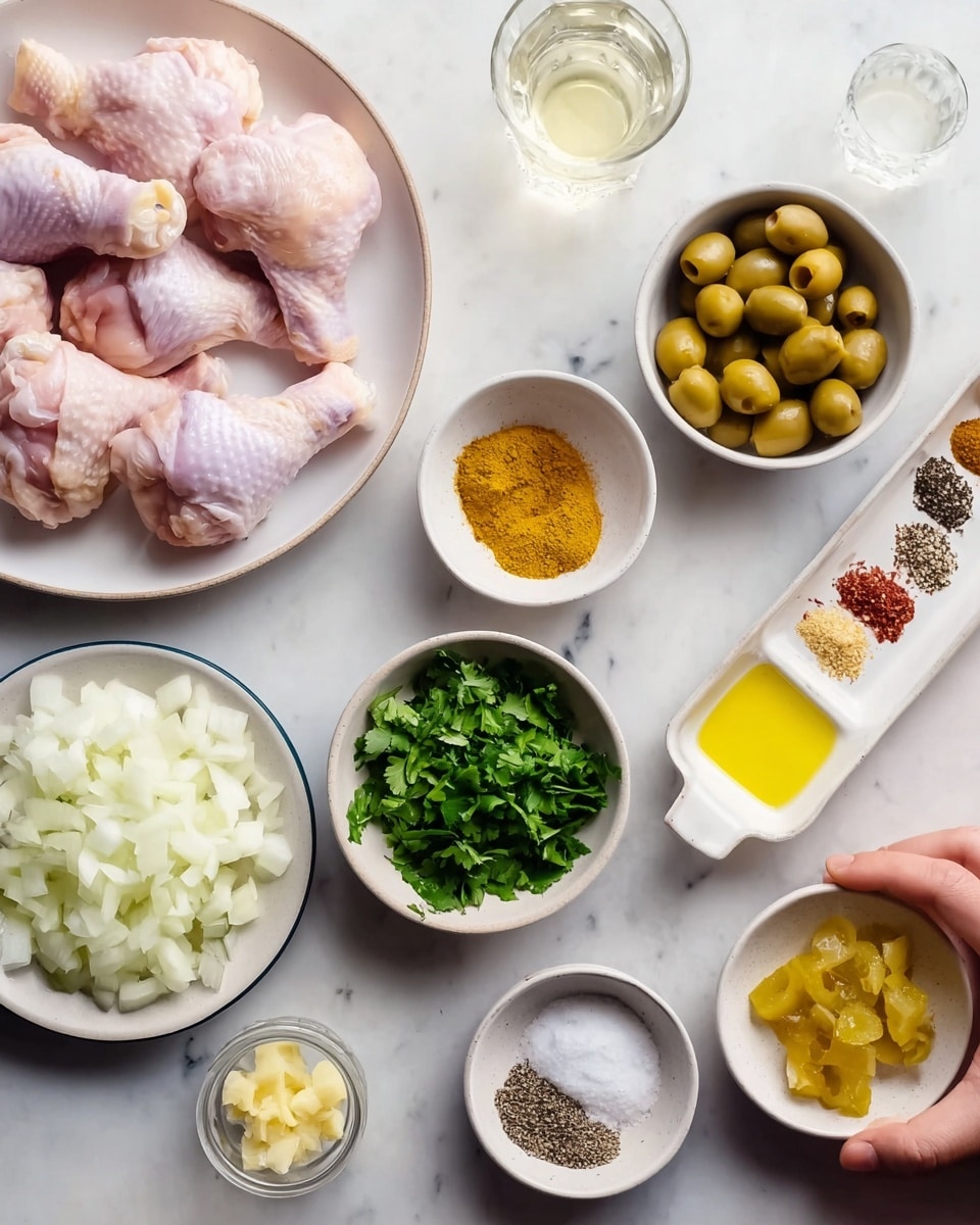 The image shows several small white bowls and one white plate arranged on a white marbled surface. In the top left, there is a white plate with raw pink chicken legs. Around it, small white bowls contain chopped onions, chopped cilantro, green olives, yellow pieces of preserved lemon on a round white plate, minced garlic, and small amounts of various spices including a yellow powder, a cedar saffron strand in salt, and a mix of black and white pepper in a rectangular white dish divided into three sections. There is also a small glass of clear liquid and a small bowl with yellow butter. A woman's hand is holding one of the bowls from the top side of the frame. The scene is bright and clear, focused on the fresh ingredients. photo taken with an iphone --ar 4:5 --v 7