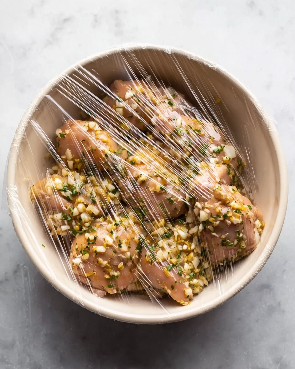A white bowl filled with several pieces of raw chicken coated in a mixture of small diced onions, garlic, and green herbs. The chicken has a light pink color, and the diced vegetables are spread all over, showing a yellowish white and green mix. The bowl is covered with a clear plastic wrap that reflects light in streaks, all placed on a white marbled surface. Photo taken with an iphone --ar 4:5 --v 7