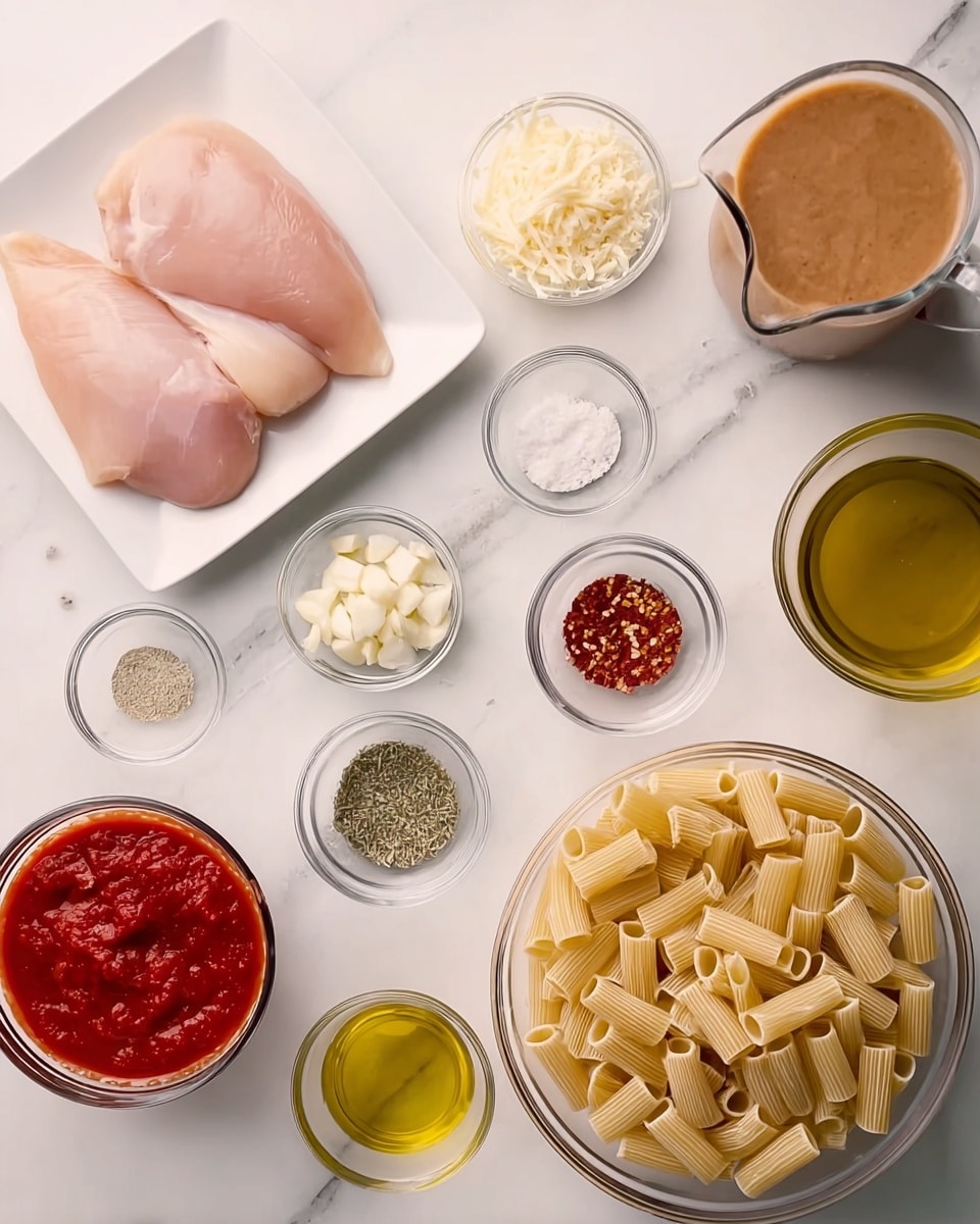 The image shows ingredients neatly arranged on a white marbled surface. There are two raw pale pink chicken fillets on a white square plate at the top left. Below and to the right, a clear glass bowl holds dry rigatoni pasta, beige in color and tubular in shape. Around it, there are several small glass bowls containing various ingredients: finely chopped white onions, minced garlic, dried herbs, black pepper, crushed red pepper, and salt in tiny piles. A small glass bowl of grated pale yellow cheese is at the top center. At the top right, a clear glass pitcher holds a light brown broth with visible swirls. Below it, a clear bowl contains a thick, chunky bright red tomato sauce. Two small glass bowls with golden olive oil are on the left side. The whole arrangement is clean, well-lit, and set on the white marbled surface. Photo taken with an iphone --ar 4:5 --v 7