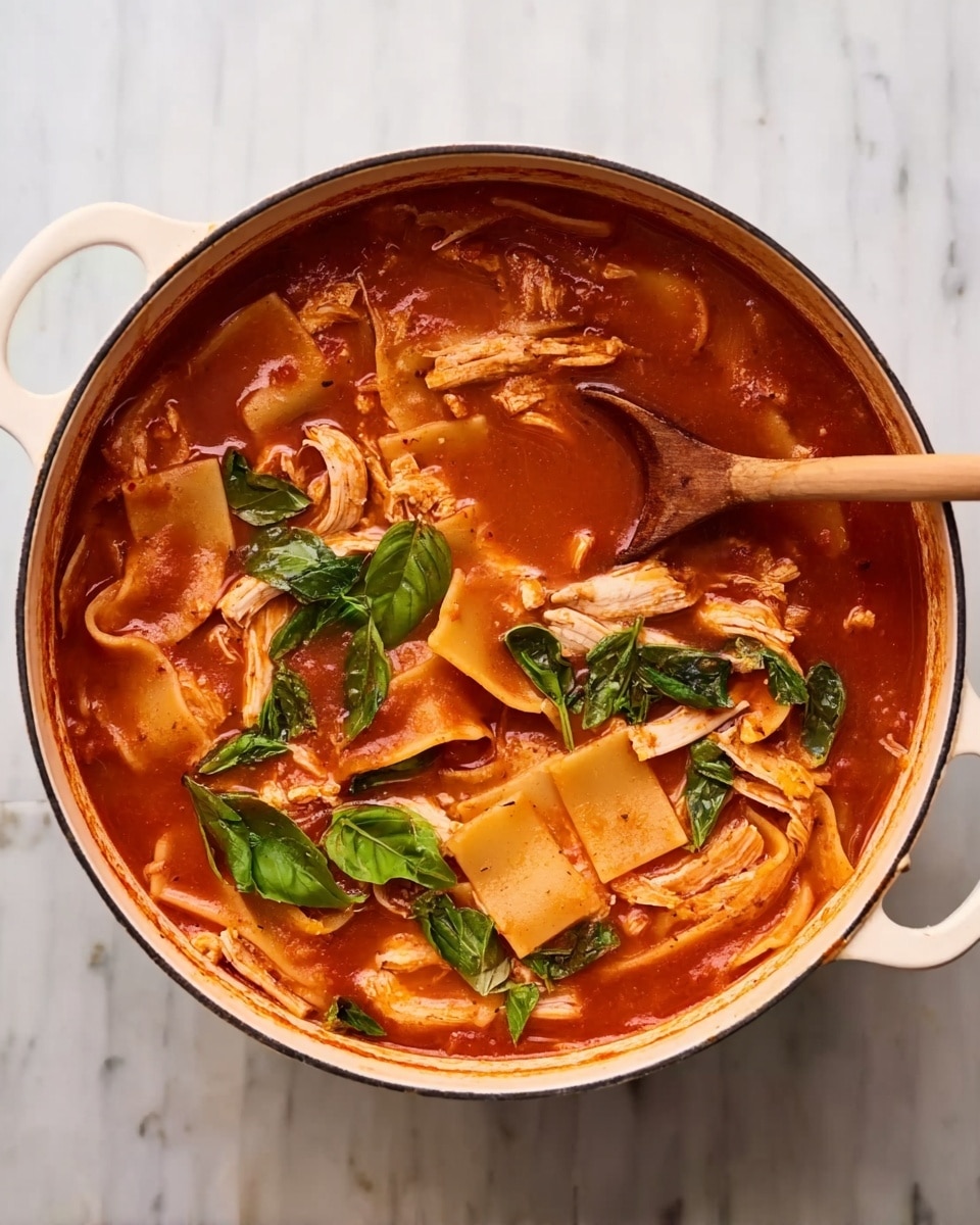 A white pot filled with a rich, red tomato broth with wide, flat pasta pieces floating inside, along with several green basil leaves scattered on top. Thin strips of cooked light brown chicken are placed on one side of the pot. A wooden spoon with a smooth texture rests in the broth, near the basil leaves. The pot sits on a white marbled surface photo taken with an iphone --ar 4:5 --v 7