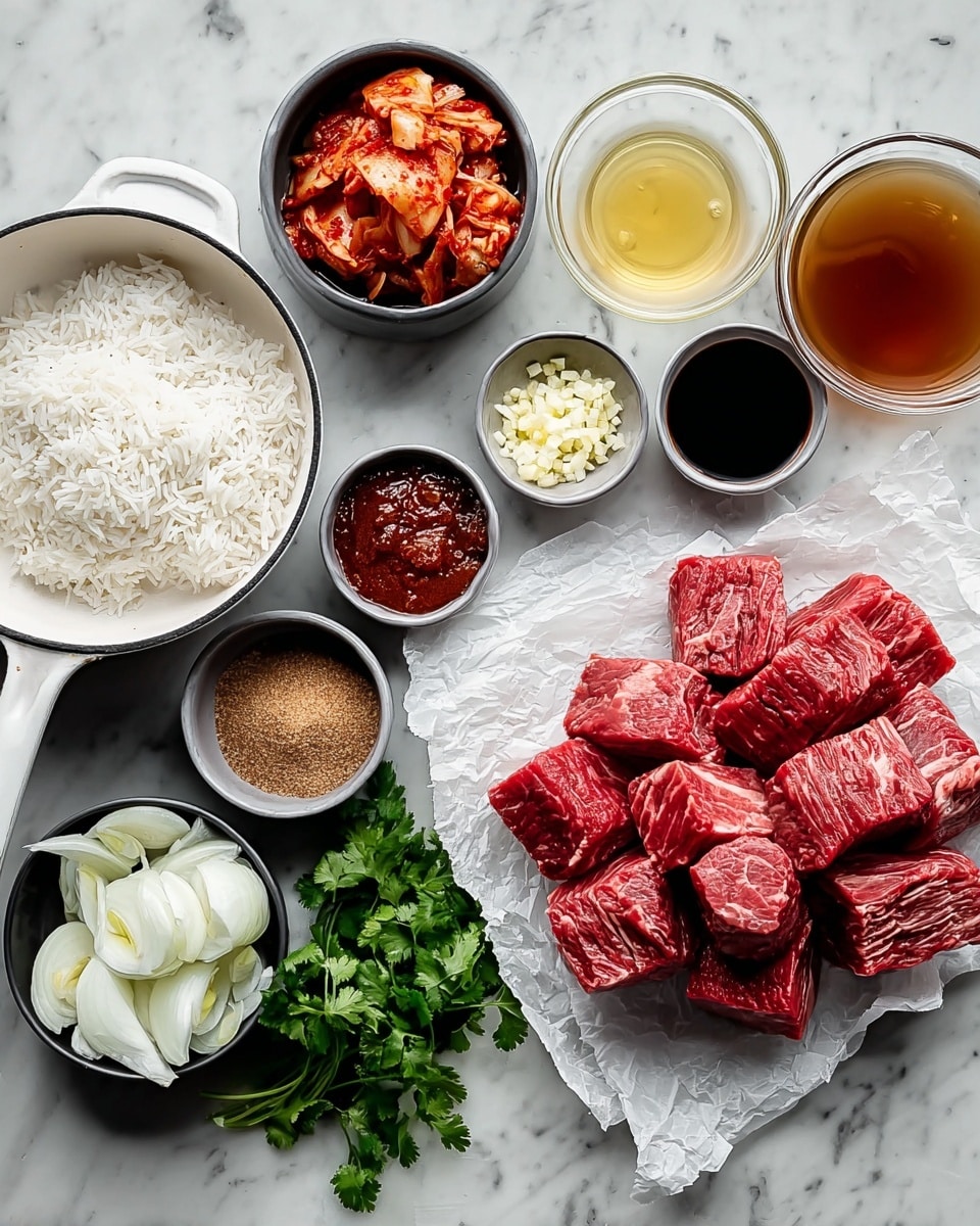 This image shows raw red meat pieces stacked in the center on a crumpled white paper. To the left of the meat, there is a white pan with cooked white rice, above which sits a small bowl of chopped garlic and a small black bowl of salt. There is also a gray bowl with red, spicy kimchi beside the rice. Above the meat, three small bowls hold dark red chili paste, light yellow liquid, and light yellow minced ginger. To the right of the meat, a clear glass bowl contains brown liquid, with a gray bowl of sliced white onions and fresh green cilantro beside it. Below these bowls, a small black bowl of brown sugar and a small black bowl filled with dark soy sauce complete the setup. All these ingredients are arranged on a white marbled surface. Photo taken with an iphone --ar 4:5 --v 7