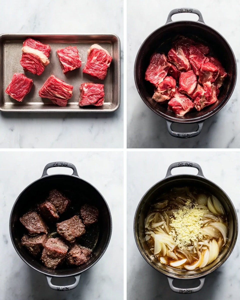 The image shows four separate photos arranged in a grid on a white marbled surface. The top-left photo displays several raw pieces of bright red meat with white fat spots, placed neatly on a metal tray. The top-right photo shows the raw meat pieces now inside a black cooking pot with handles, sitting on the white marbled surface. The bottom-left photo features the same black pot with the meat pieces now browned and cooked, showing a dark rich brown color with a slight crust texture. The bottom-right photo displays the black pot again, now containing cooked sliced onions in light brown and translucent shades, mixed with a heap of finely chopped pale yellow garlic on top. photo taken with an iphone --ar 4:5 --v 7
