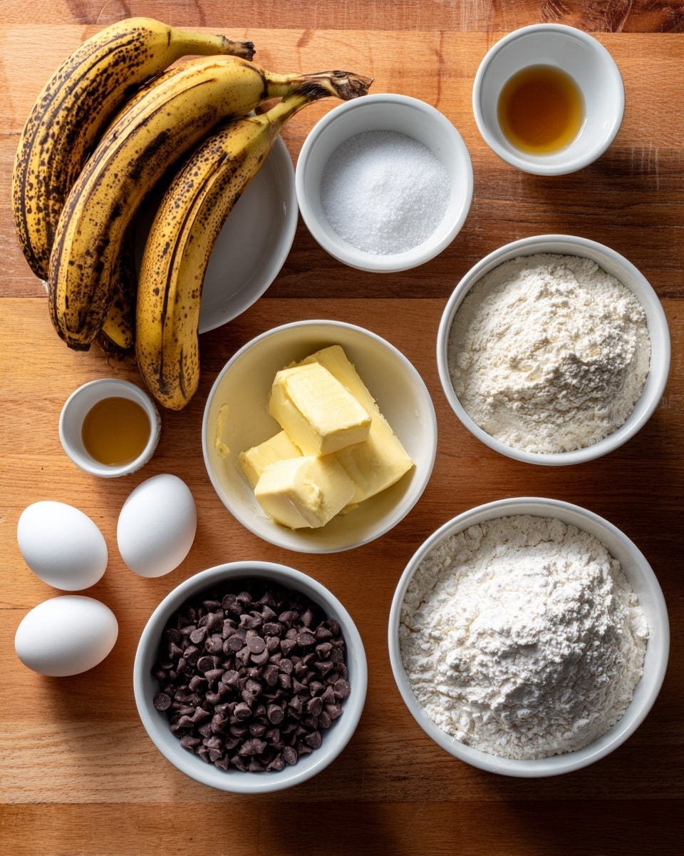 The image shows several white bowls and two white eggs arranged on a wooden surface. At the top left, there is a white bowl filled with three very ripe bananas that have dark brown peels. Above to the right are two small white bowls, one containing white salt and the other with white baking soda powder. Below these, a medium white bowl is filled with dark brown chocolate chips. Below this bowl and slightly to the left, there are two white eggs resting directly on the wooden surface. Next to the eggs is a white bowl filled with yellow melted butter. To the right of the butter, there is a white bowl full of white sugar. At the bottom right, a larger white bowl is filled with white flour. In the bottom left corner, there is a small white bowl with golden vanilla extract. The wooden surface is warm-toned and the lighting is clear and natural, no hands are visible photo taken with an iphone --ar 4:5 --v 7