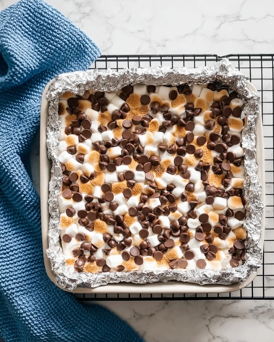 The image shows a square white pan lined with crinkled aluminum foil, filled with a layer of toasted small white marshmallows topped with many milk chocolate chips, placed on a black cooling rack on a white marbled surface. A blue textured cloth is visible on the left side of the pan. The marshmallows are slightly browned on top, and the chocolate chips are spread evenly, covering the entire surface photo taken with an iphone --ar 4:5 --v 7