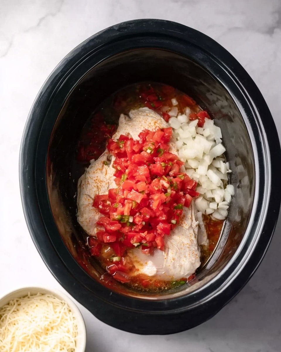Inside a black slow cooker, there is one piece of raw chicken placed at the bottom. On top of the chicken, there are white chopped onions and bright red diced tomatoes with some green bits mixed in. To the side, on the white marbled surface, a small white bowl filled with shredded cheese is partly visible. The overall scene has soft natural light, showing clear texture details on the vegetables and chicken photo taken with an iphone --ar 4:5 --v 7