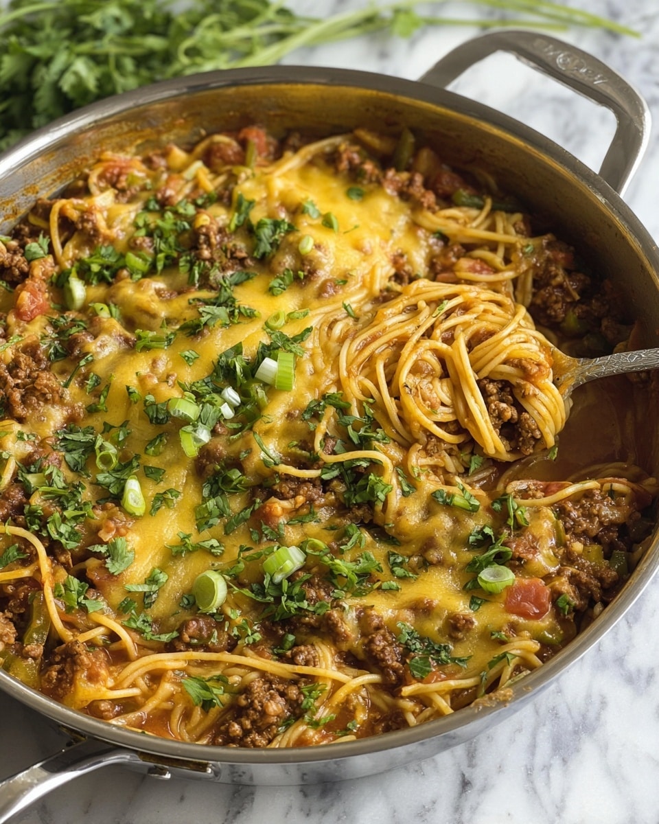 In a large metal pan, there is a mixed dish with three main layers: the bottom layer is thin spaghetti noodles in a rich, red sauce with bits of green peppers and onions, the middle layer is cooked ground meat scattered throughout, and the top layer is melted yellow cheese that blends softly into the dish. The cheese is topped with chopped fresh green herbs and spring onions, giving spots of bright green color. The dish looks thick and hearty with textures of soft pasta, meat, and melted cheese visible. The pan is placed on a white marbled surface with some green herbs blurred in the background, and a spoon is partially dipped into the pan ready to serve. photo taken with an iphone --ar 4:5 --v 7