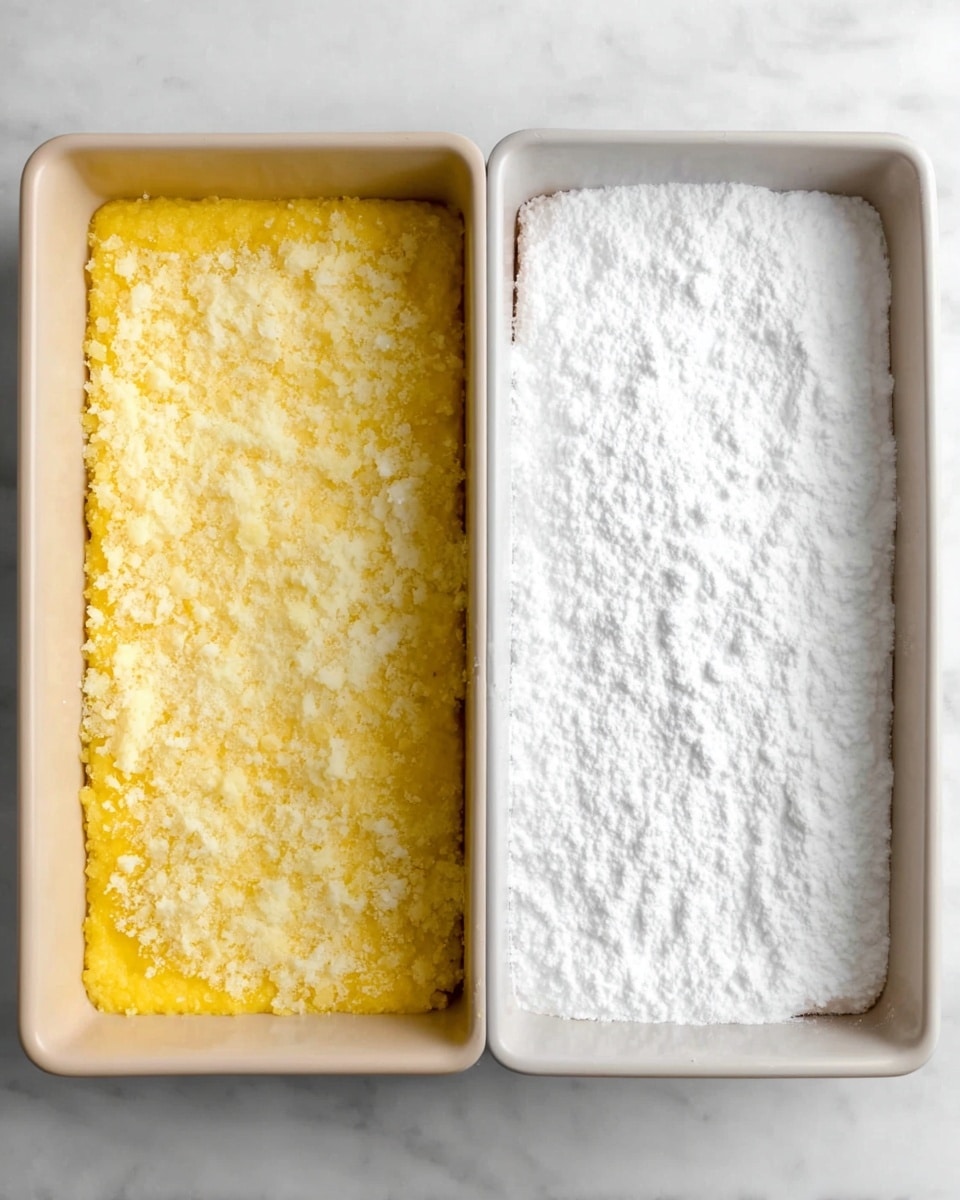 A rectangular white baking pan with two side-by-side sections: the left side shows a yellow crumbly mixture pressed evenly across the bottom, with a rough texture, while the right side holds a white powdery layer spread smoothly and evenly over the surface, creating a flat, soft-looking layer. The pan sits on a white marbled surface photo taken with an iphone --ar 4:5 --v 7