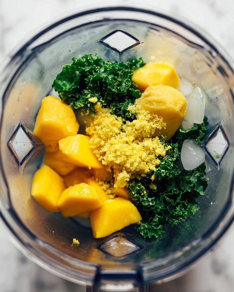 Inside a clear blender jar, there are three main layers visible. The bottom layer is dark green kale leaves with a rough texture, spread evenly across the base. On top of the kale, there are several chunks of bright yellow mango pieces, some with small bits of ice scattered around them. Nestled among the mango pieces is a small pile of finely grated yellow ginger, adding a soft, fibrous texture. The ice pieces are small and translucent, scattered lightly on top, creating a fresh look. The blender jar itself is transparent with a white marbled surface seen faintly around it. photo taken with an iphone --ar 4:5 --v 7