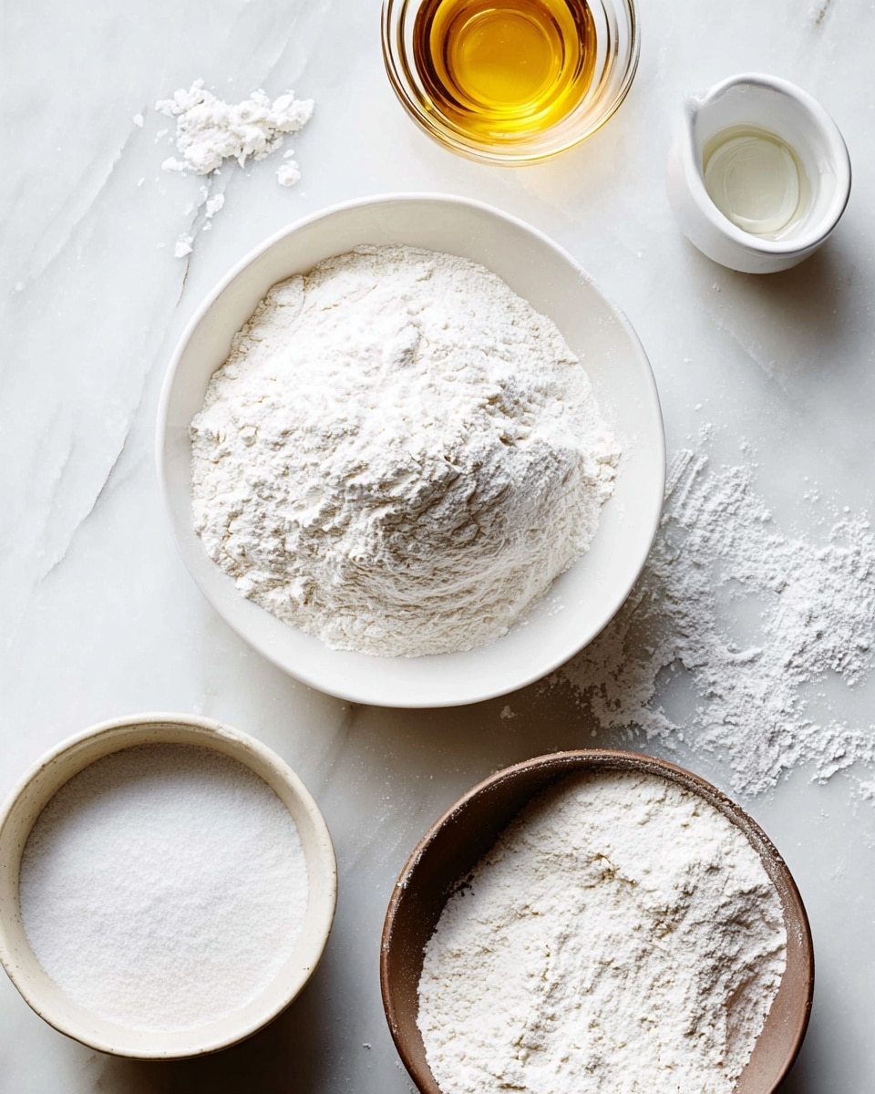 The image shows a white bowl filled with a pile of white powdery flour placed on a white marbled surface. Near the bowl, there is a smaller white bowl with another type of white powder. Above these bowls, a small glass bowl contains a golden liquid, and a tiny light-colored measuring cup holds a white liquid. To the right, a brown bowl is half-filled with a fine white powder, with some powder spilled next to it. The overall scene is bright and clean with soft natural light. photo taken with an iphone --ar 4:5 --v 7
