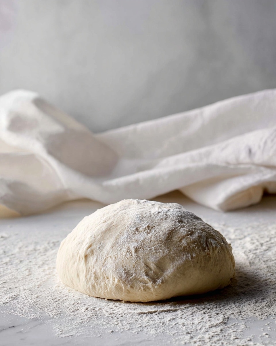 A soft, round mound of pale dough rests on a white marbled surface dusted with white flour. The dough has a slightly wrinkled texture and a light powder coating on top, showing its fresh and airy state. In the background, a white cloth is softly draped, adding a gentle contrast and calm atmosphere to the scene. Photo taken with an iphone --ar 4:5 --v 7