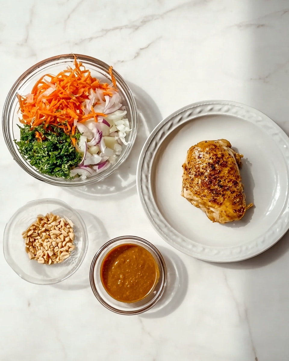 The image shows four white dishes arranged on a white marbled surface. The top right dish is a white plate holding a single piece of cooked chicken with a golden-brown, lightly spiced crust. To the left of it is a clear glass bowl filled with several layers of chopped fresh ingredients: bright orange carrots, white onion slices, and green chopped herbs. Below these dishes is a smaller clear glass bowl with a smooth, brown peanut sauce, and another tiny white dish containing crushed peanuts. The scene is brightly lit with natural light, creating soft shadows and highlighting the textures clearly. photo taken with an iphone --ar 4:5 --v 7