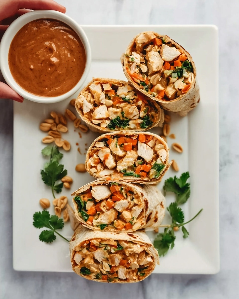 The image shows four tortilla wraps cut in half and stacked on a white square plate placed on a white marbled surface. Each wrap is filled with several layers of diced light brown chicken pieces, orange carrot bits, green spinach or herb leaves, and creamy light-colored sauce spread inside. Next to the wraps, there is a small white bowl filled with smooth reddish-brown peanut sauce. Some peanuts are scattered around the plate, and a few sprigs of fresh green cilantro add color to the scene. A woman's hand is gently holding one wrap near the top left of the plate. Photo taken with an iphone --ar 4:5 --v 7