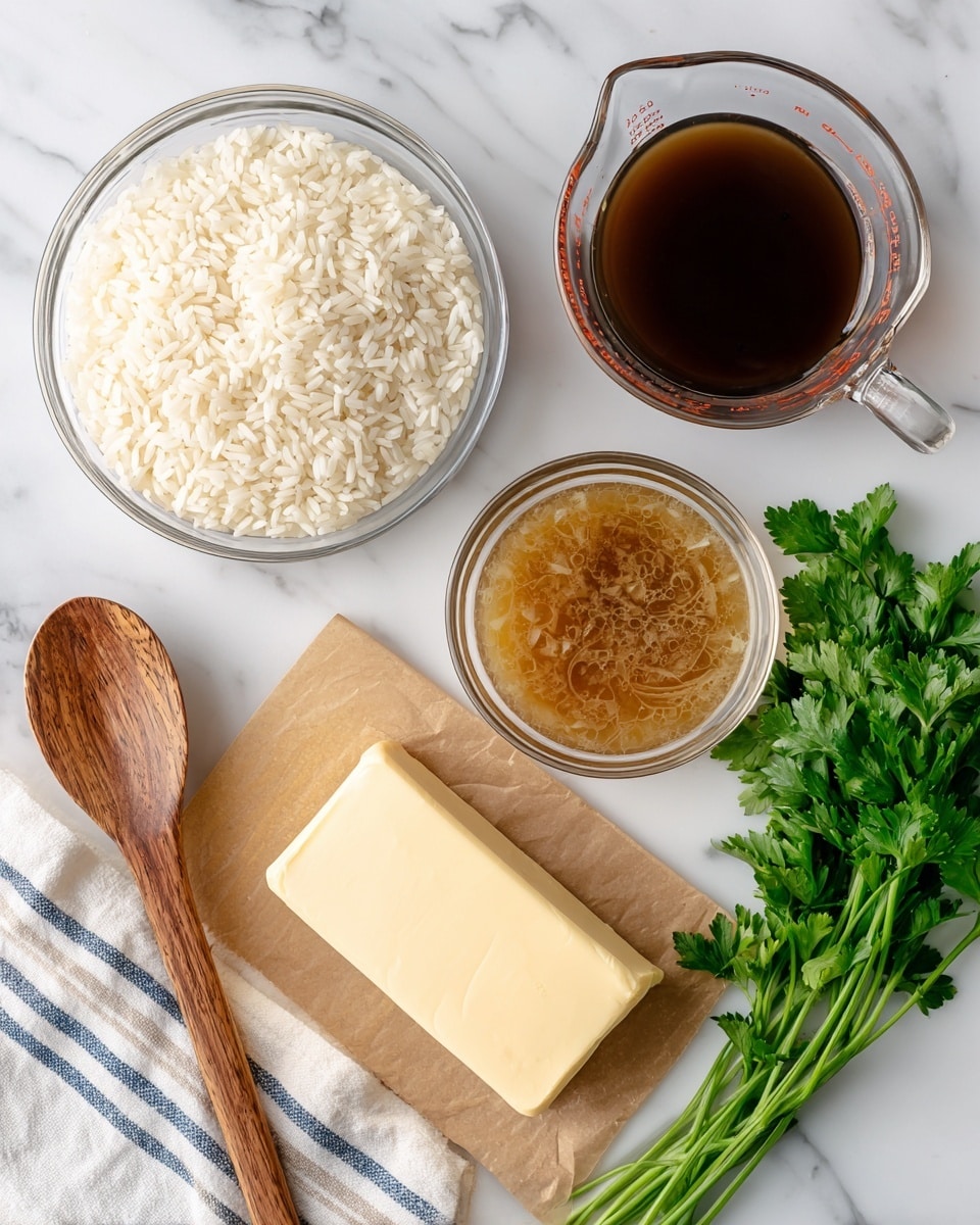 The image shows four main ingredients arranged on a white marbled surface: at the center, there is a clear glass bowl filled with white long grain rice; above it to the right is a clear glass measuring cup filled with dark brown beef broth; to the left of the rice is a smaller clear glass bowl containing golden brown French onion soup; and at the bottom right corner, a thick stick of pale yellow butter rests on a piece of brown parchment paper. A wooden spoon lies on top of a white and blue striped cloth near the bottom left side, and fresh green parsley leaves are scattered and gathered in a small bunch on the right side of the image. photo taken with an iphone --ar 4:5 --v 7