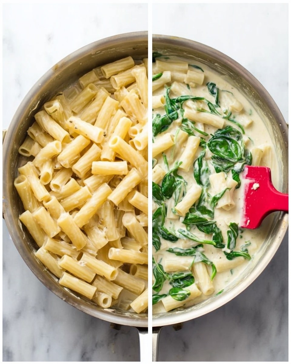 A silver pan sits on a white marbled surface, showing two stages of a pasta dish. On the left, cooked pale yellow rigatoni pasta is piled on top of a white creamy sauce with visible green spinach leaves submerged beneath. A red spatula with a silver handle rests on the right edge of the pan. On the right, the rigatoni and spinach are mixed into the creamy sauce, creating a uniform dish with creamy white and green colors blending evenly through the pasta. The pan and all items are brightly lit, emphasizing the smooth sauce texture and fresh spinach leaves. photo taken with an iphone --ar 4:5 --v 7
