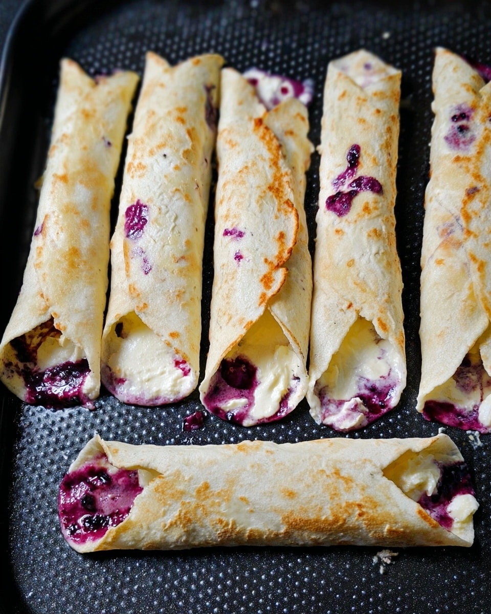 The image shows seven rolled tortillas placed on a black baking tray with a dotted textured surface. Each tortilla is light golden with a soft and slightly toasted look, and they are filled with a creamy white filling mixed with purple berry sauce that oozes out slightly from the ends. The berry sauce creates uneven purple patches and smears on parts of the tortillas and on the tray. The tortillas are arranged closely together, filling up most of the tray's space, with some areas showing small spills of the berry filling. Photo taken with an iphone --ar 4:5 --v 7