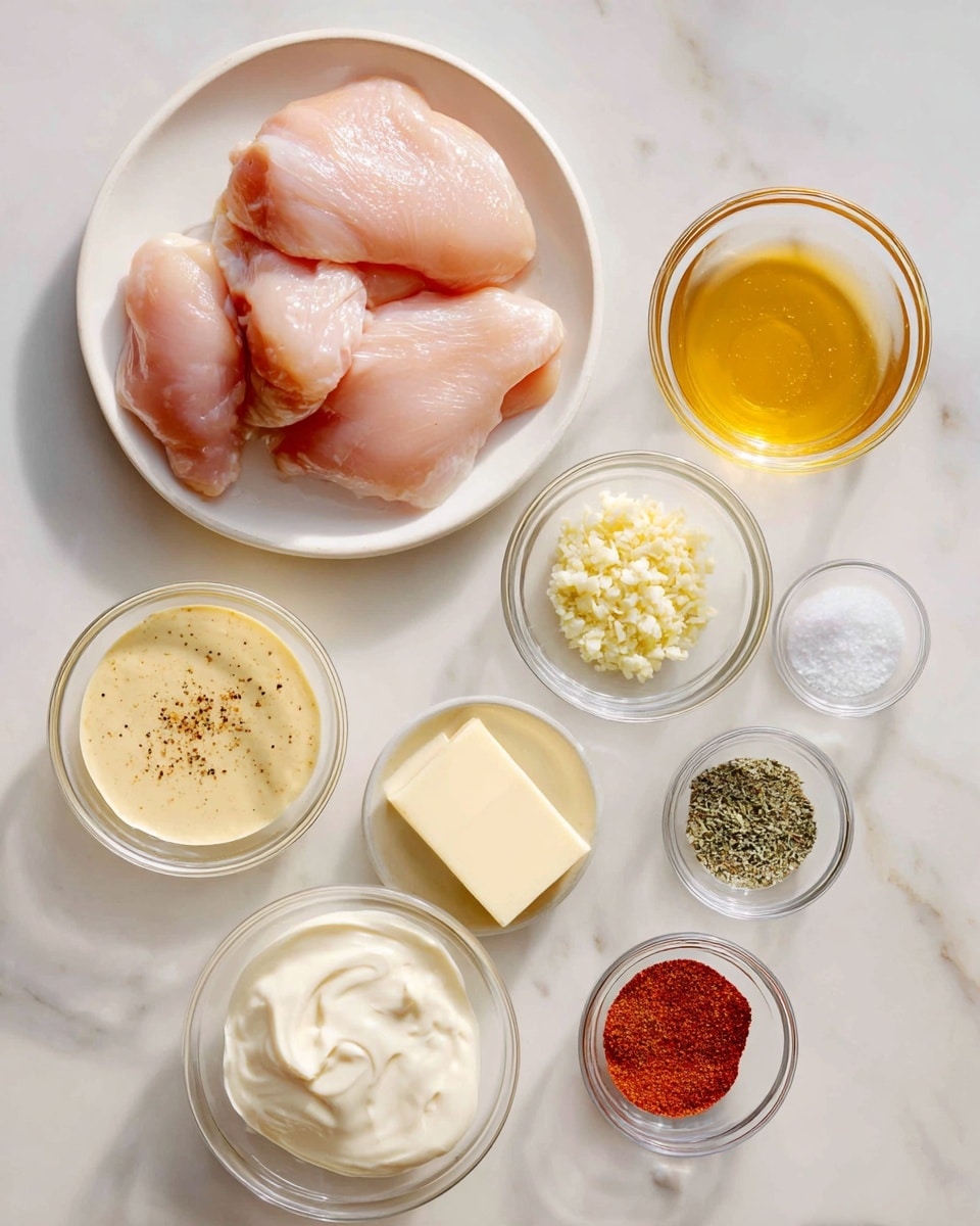 The image shows seven ingredients arranged on a white marbled surface. On the top left, four pieces of raw pinkish chicken are placed together on a white plate. On the top right, there is a small clear bowl with golden honey, below it a smaller bowl with finely minced garlic. Towards the bottom center, a larger clear bowl holds smooth, white heavy cream. To the left of cream is a clear bowl containing creamy, light yellow dijon mustard. Just above the mustard, a small white bowl holds salt and black pepper side by side. Next to the salt and pepper is a small stick of pale yellow butter. On the bottom right, a clear bowl holds seasoning powders in red, green, and white colors. The overall look is clean and organized with natural lighting. Photo taken with an iphone --ar 4:5 --v 7